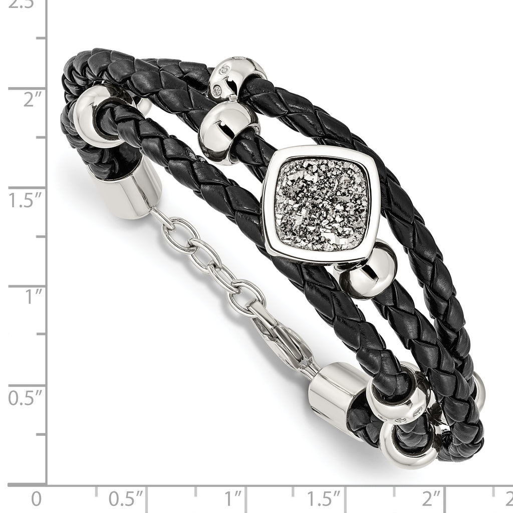 Stainless Steel with . ext Polished with Druzy and Crystal Leather Bracelet for Women