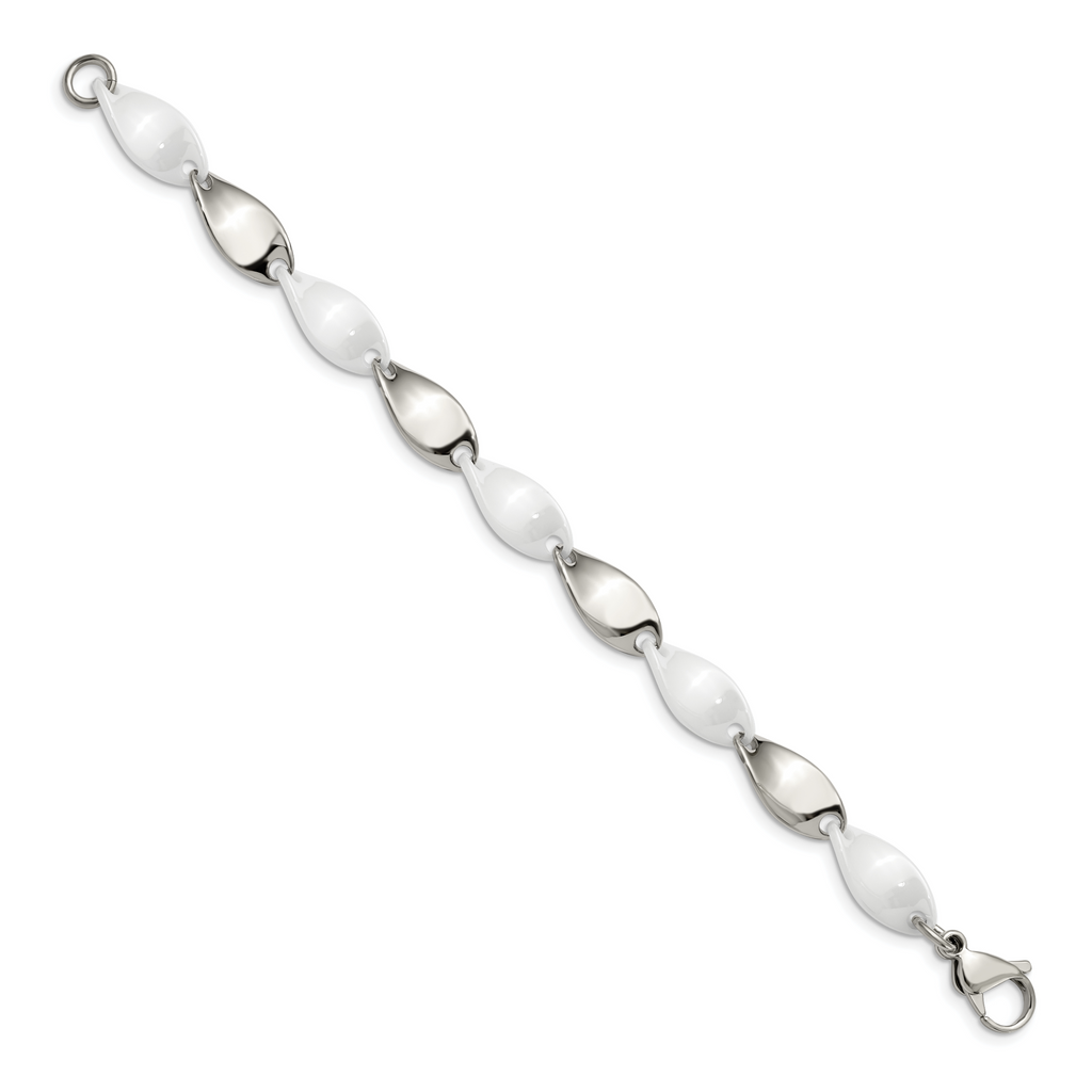 Stainless Steel Polished with White Ceramic Twisted Link Bracelet for Women