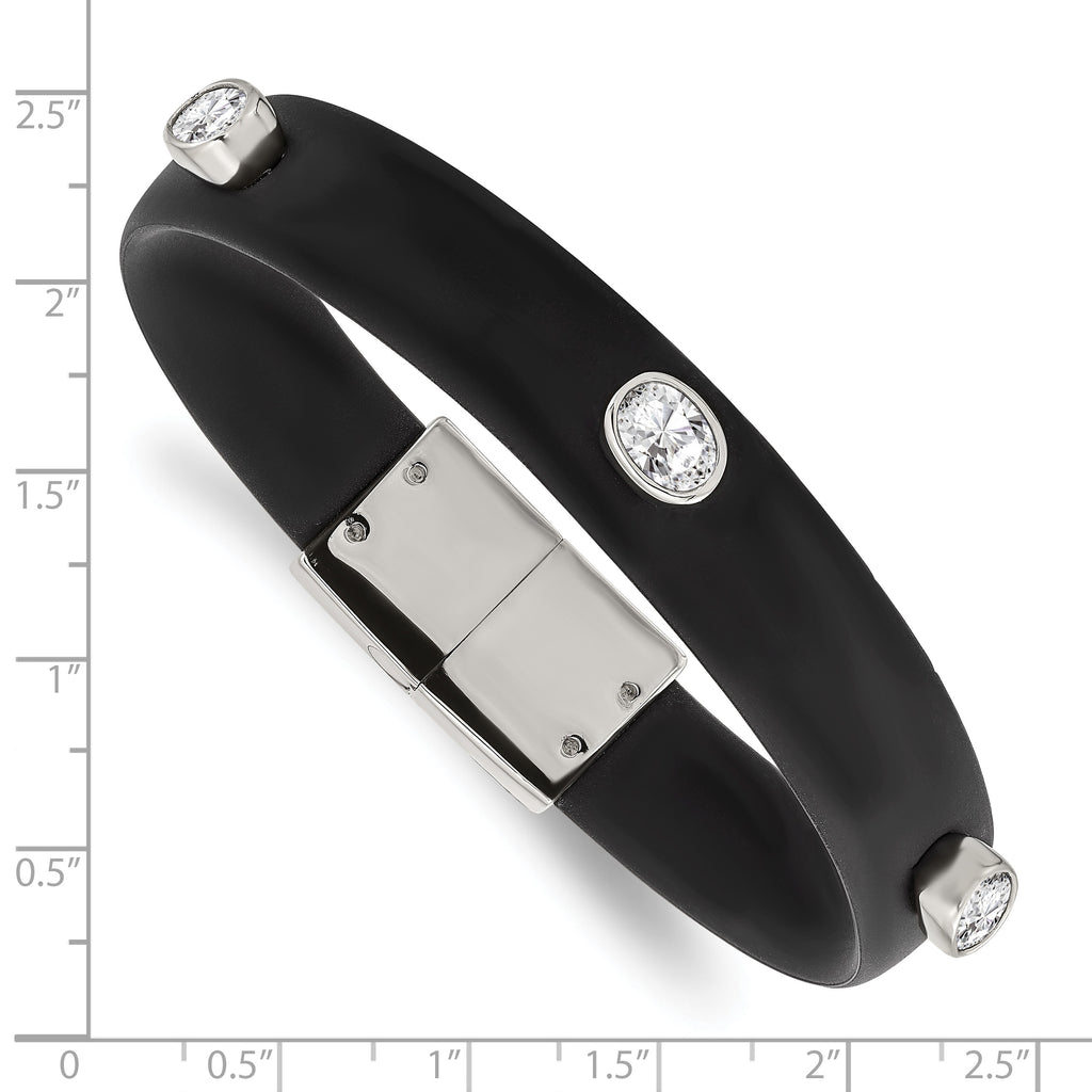 Stainless Steel Polished Black Silicone with Cubic Zirconia Bracelet