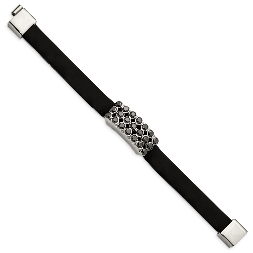 Stainless Steel Polished Black Rubber with Black Cubic Zirconia Bracelet for Women