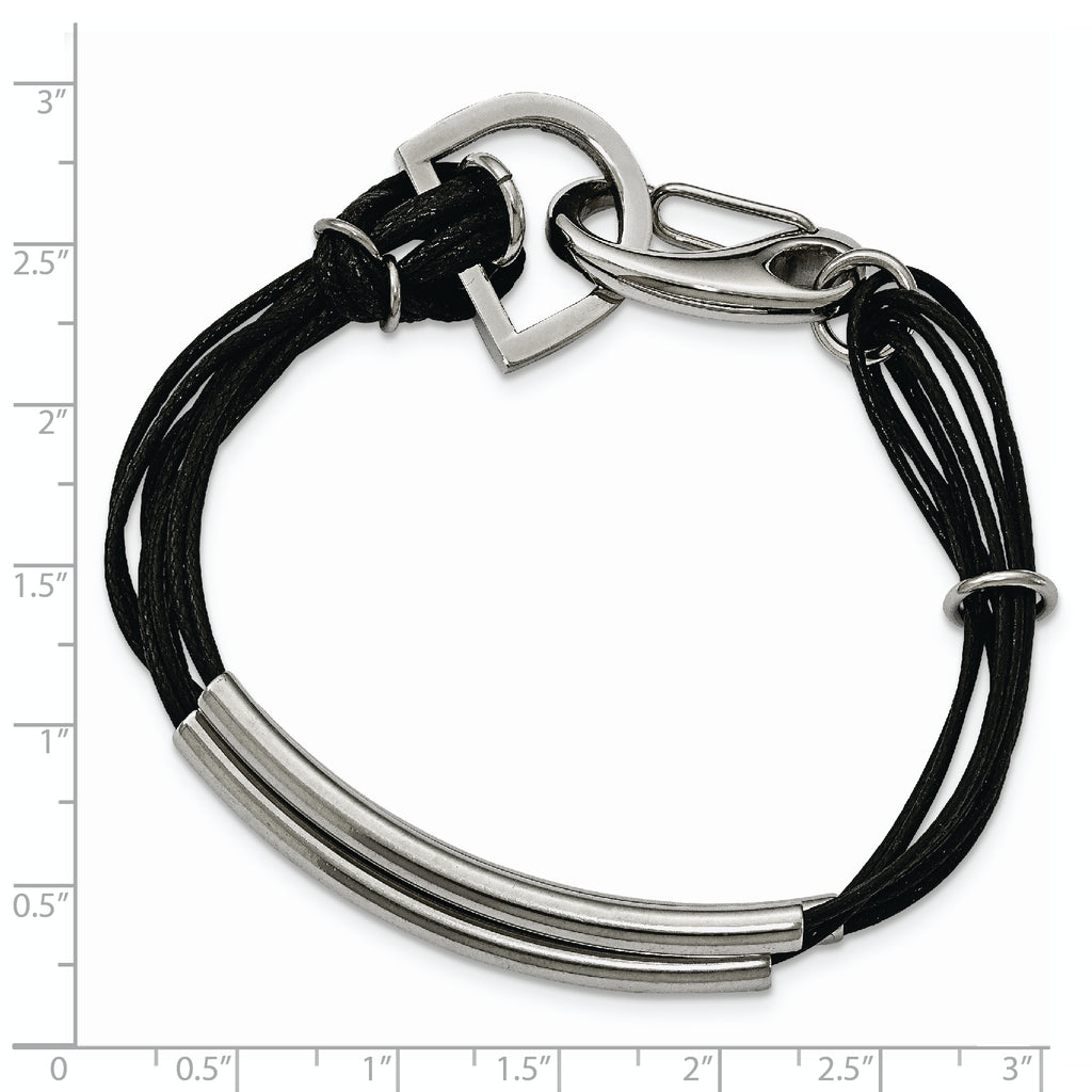 Stainless Steel Polished 3 Steel Tube with Black Wax Cord Bracelet