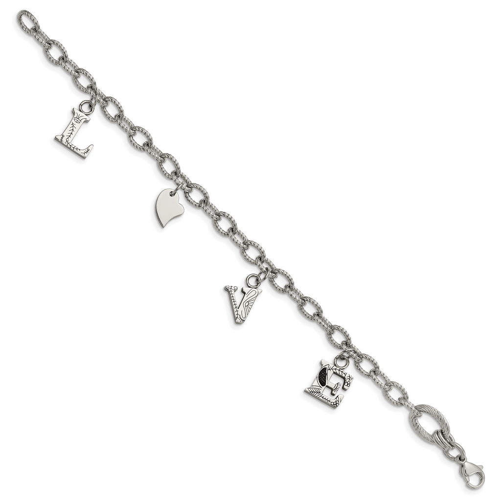 Stainless Steel Polished and Textured Love Charm Bracelet for Women