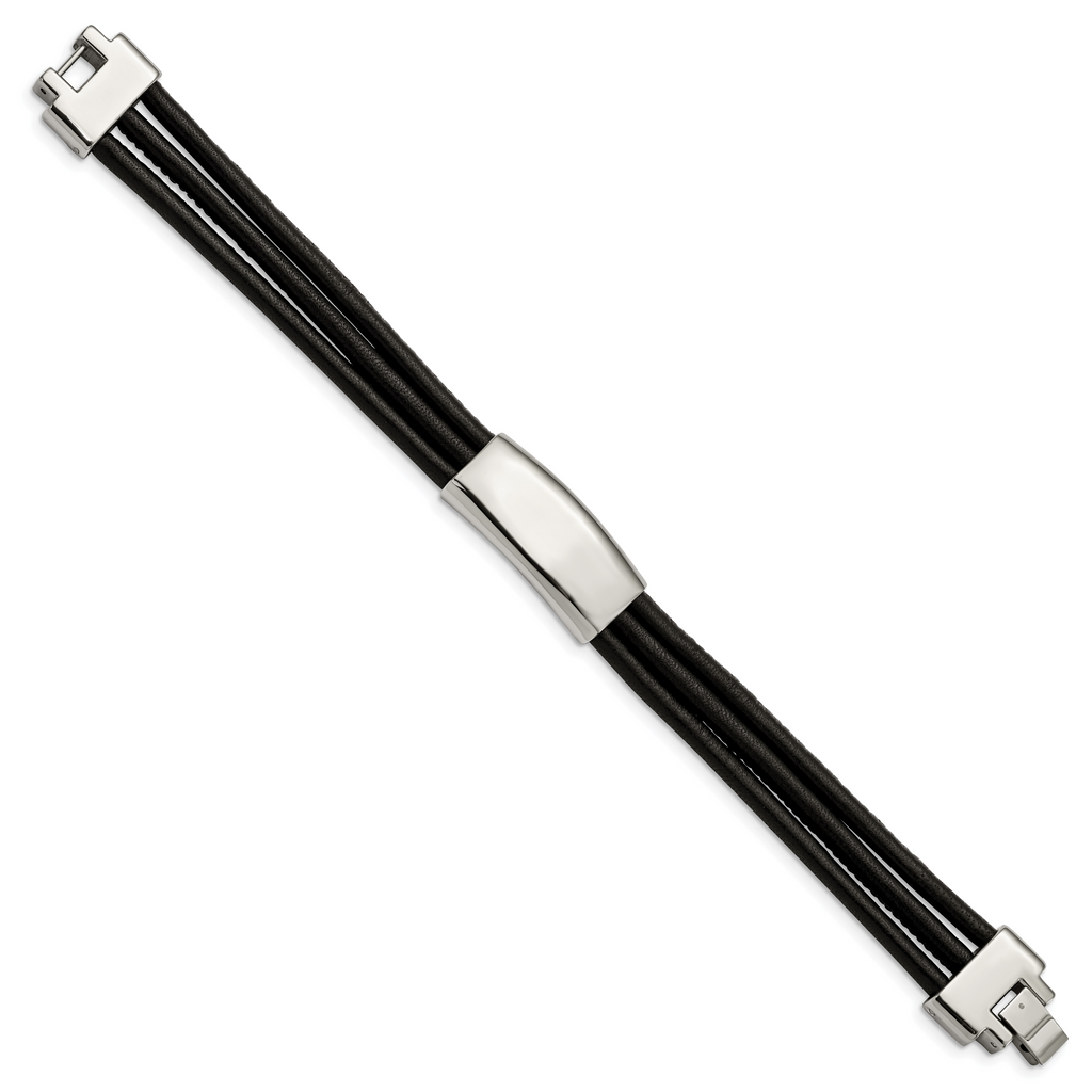 Stainless Steel Polished Black Leather ID Bracelet for Men