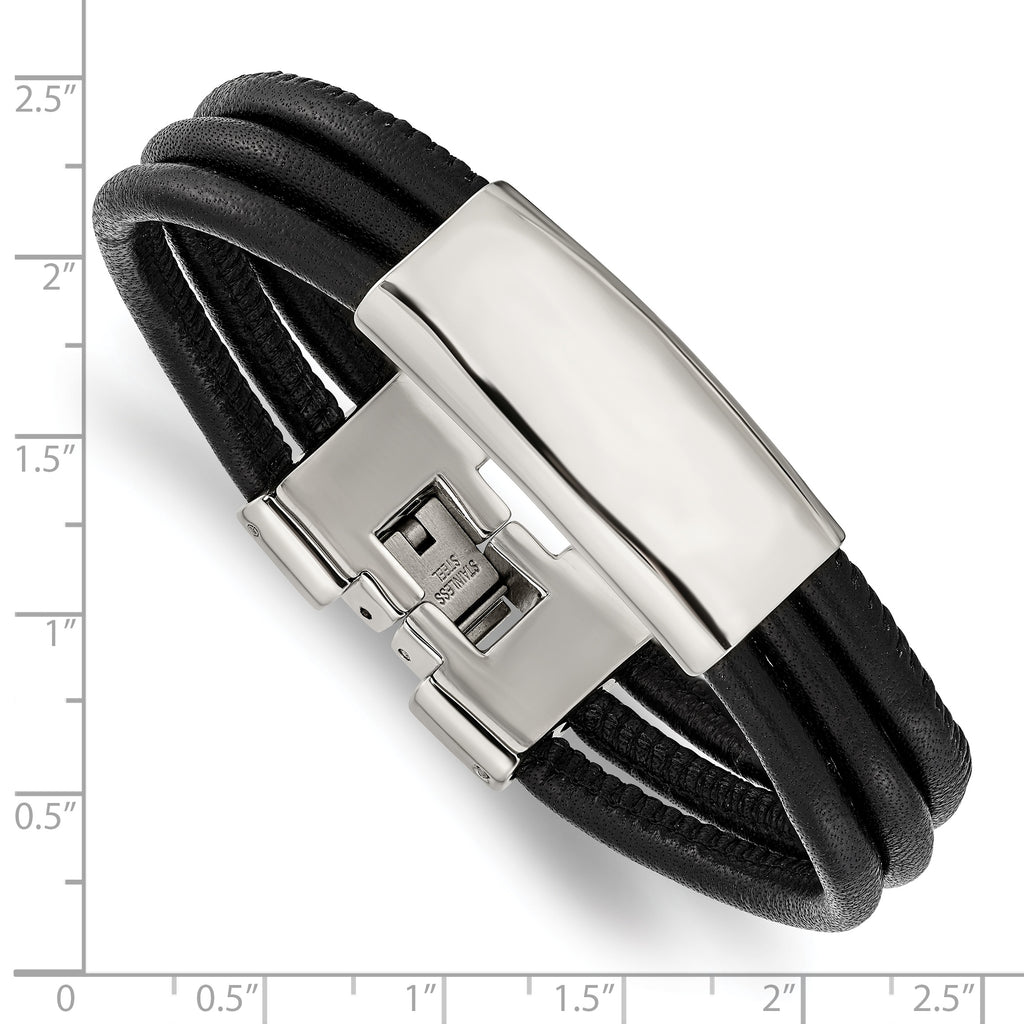 Stainless Steel Polished Black Leather ID Bracelet for Men