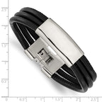 Stainless Steel Polished Black Leather ID Bracelet for Men