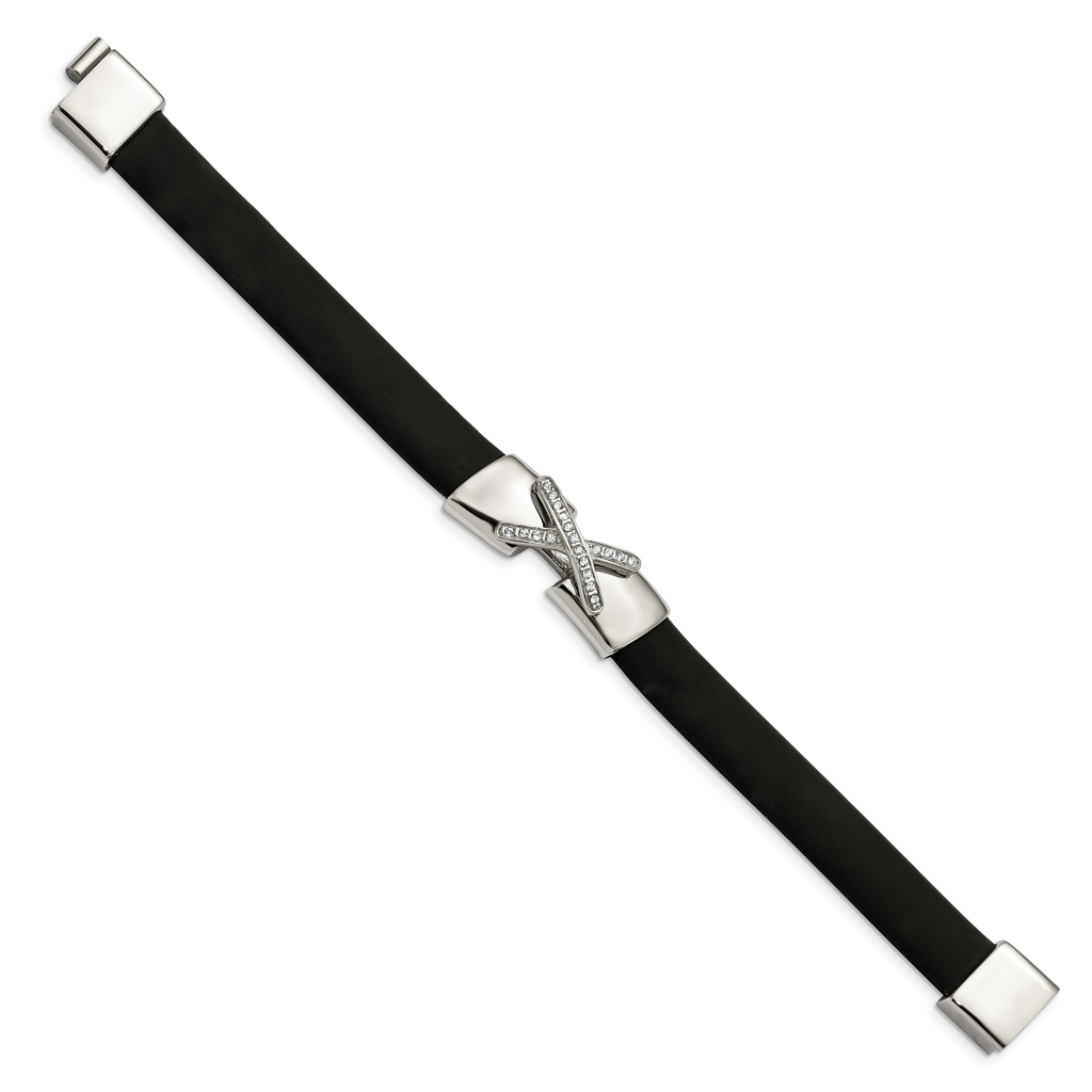 Stainless Steel Polished Black Silicone with Cubic Zirconia Bracelet
