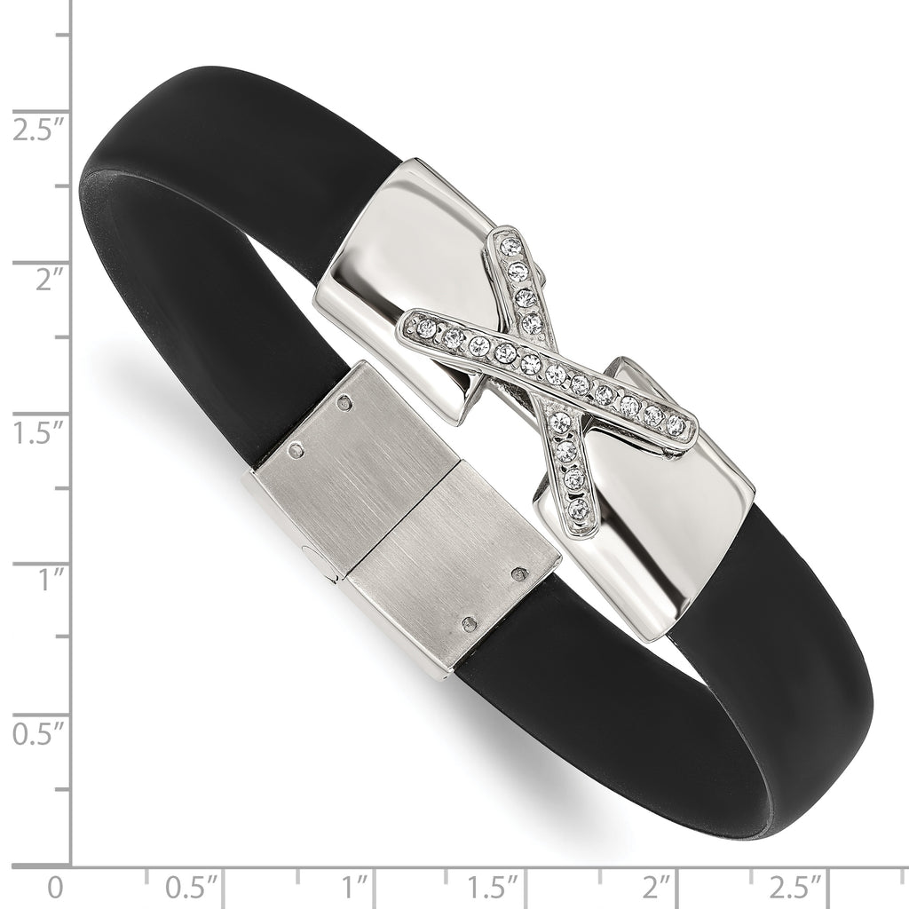 Stainless Steel Polished Black Silicone with Cubic Zirconia Bracelet