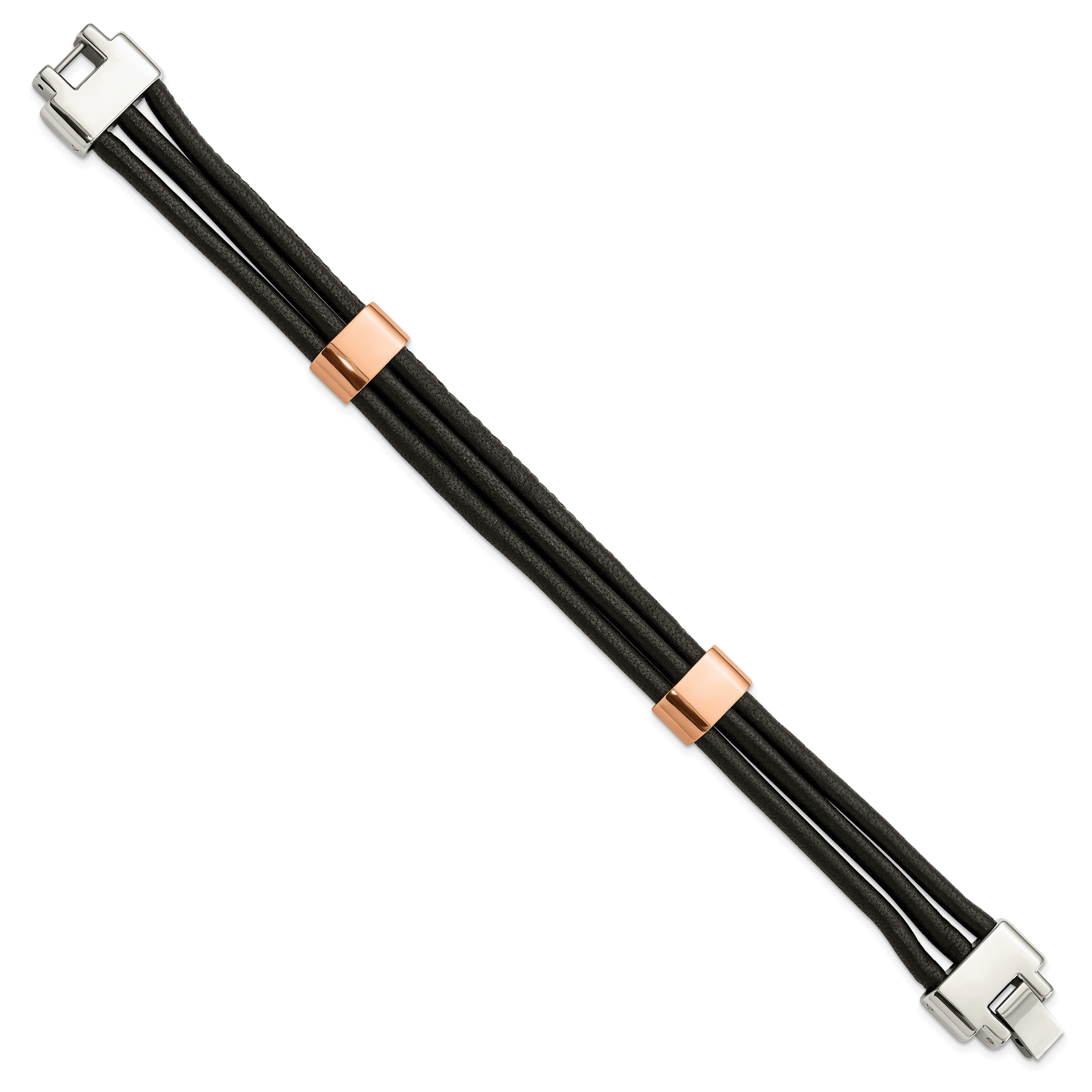 Stainless Steel Polished Rose IP-plated Multi Strand Black Leather Bracelet for Men Secondary image
