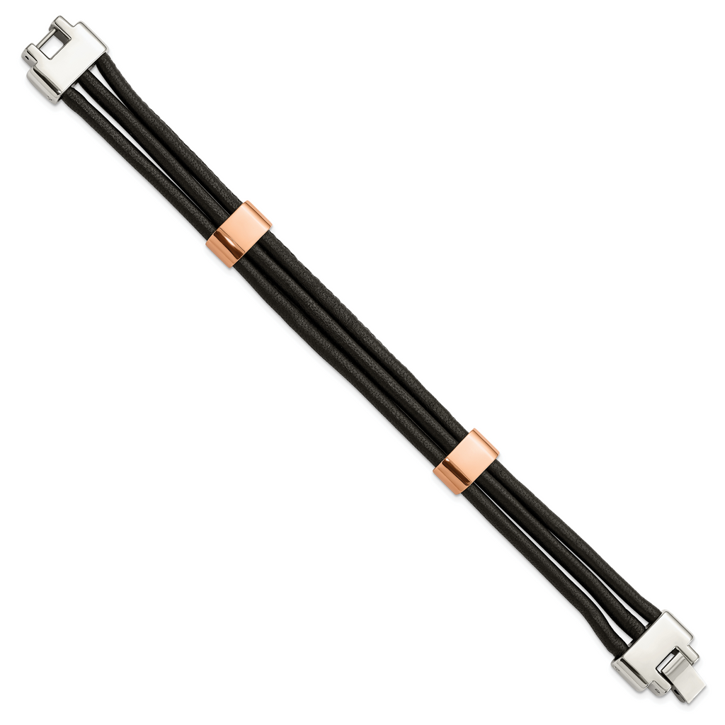 Stainless Steel Polished Rose IP-plated Multi Strand Black Leather Bracelet for Men