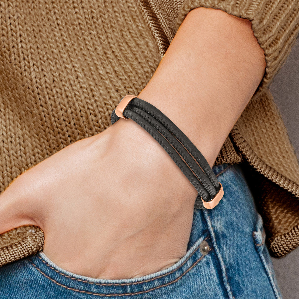 Stainless Steel Polished Rose IP-plated Multi Strand Black Leather Bracelet for Men