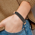 Stainless Steel Polished Rose IP-plated Multi Strand Black Leather Bracelet for Men