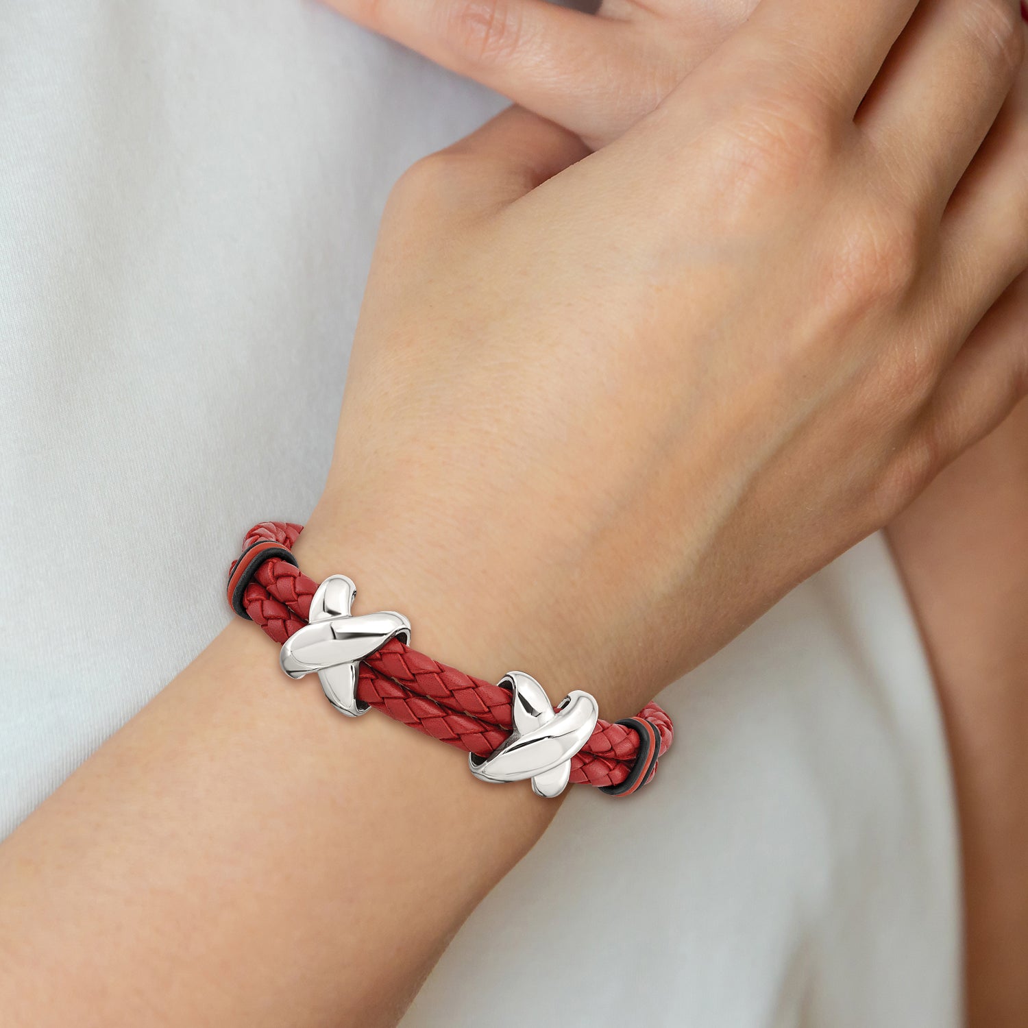 Stainless Steel Polished Red Leather and Black Rubber Bracelet for Men