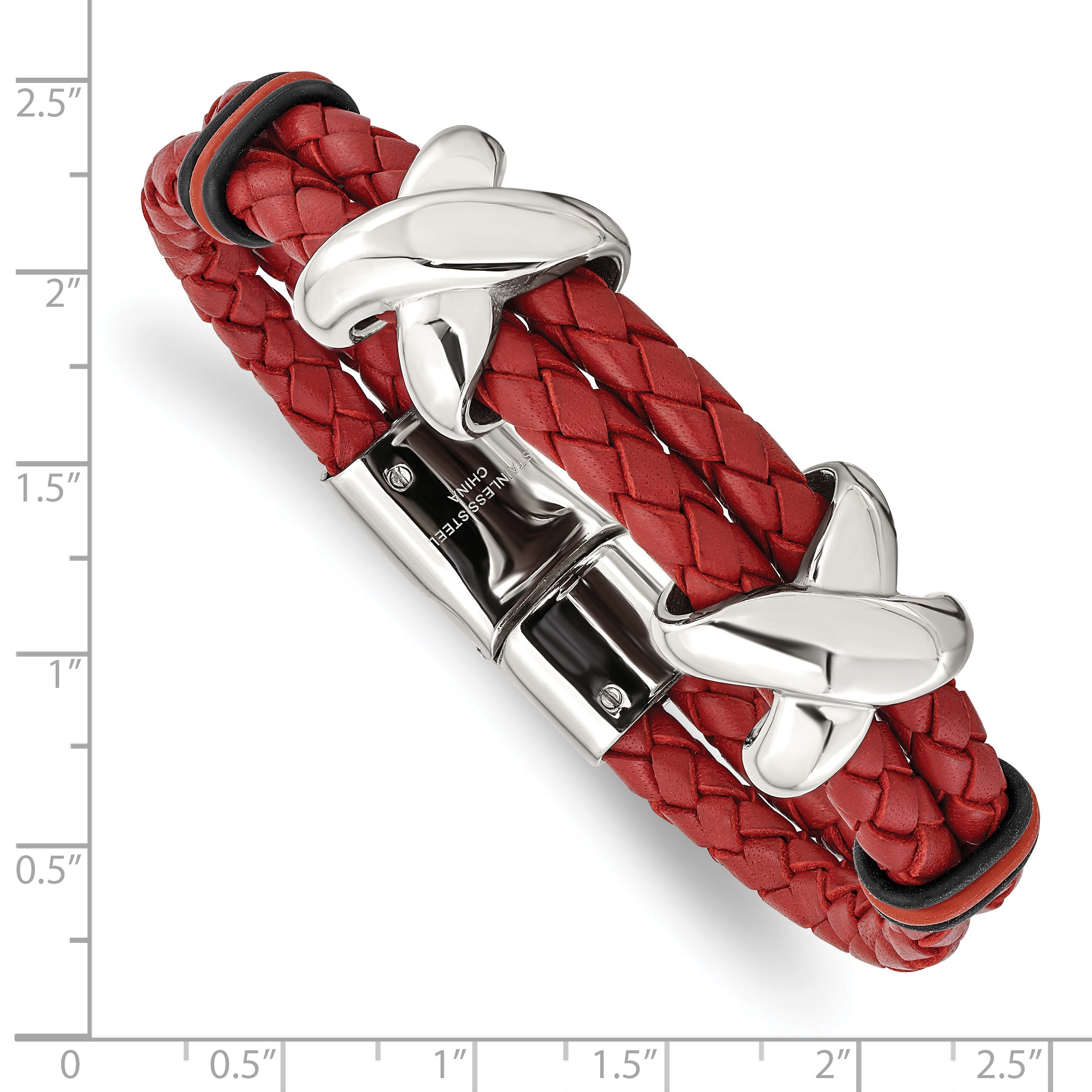 Stainless Steel Polished Red Leather and Black Rubber Bracelet for Men