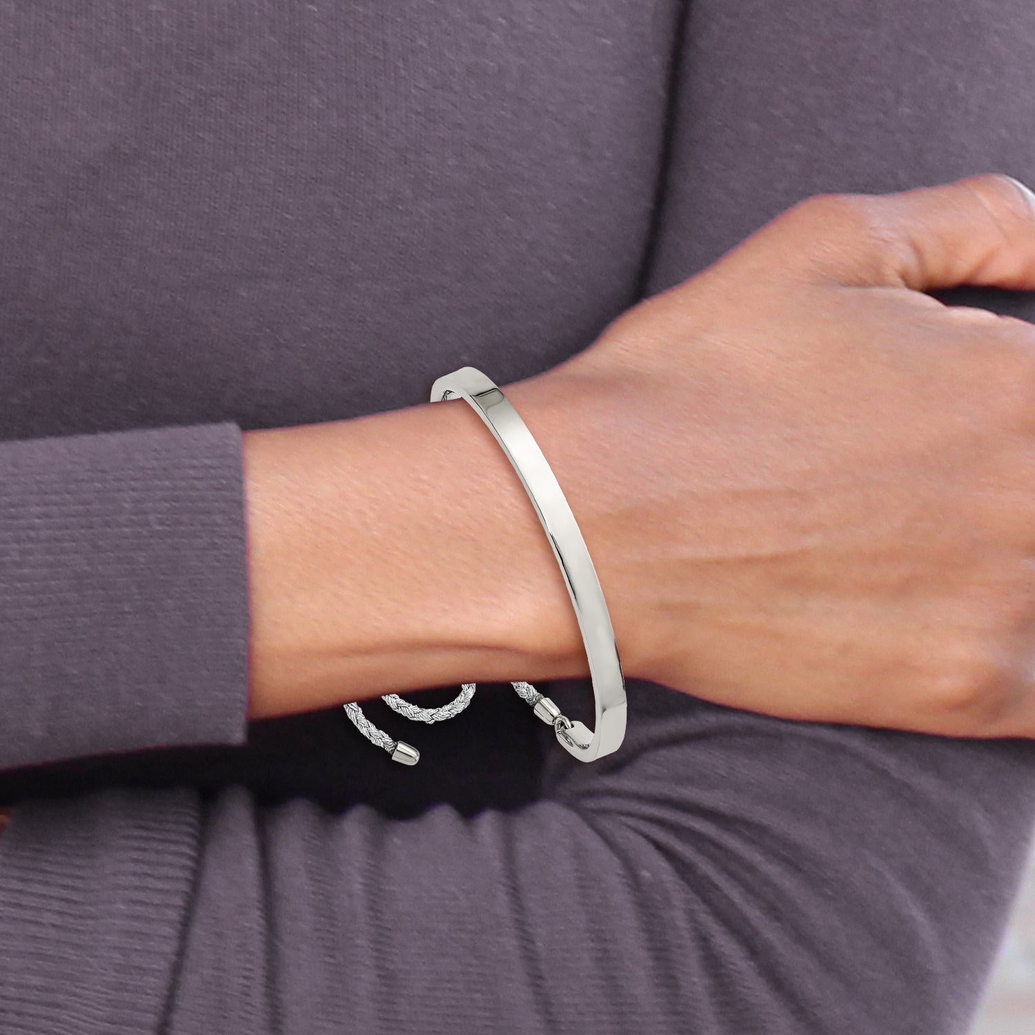 Stainless Steel Polished Bar Adjustable Fabric Cord Bangle Bracelet for Women
