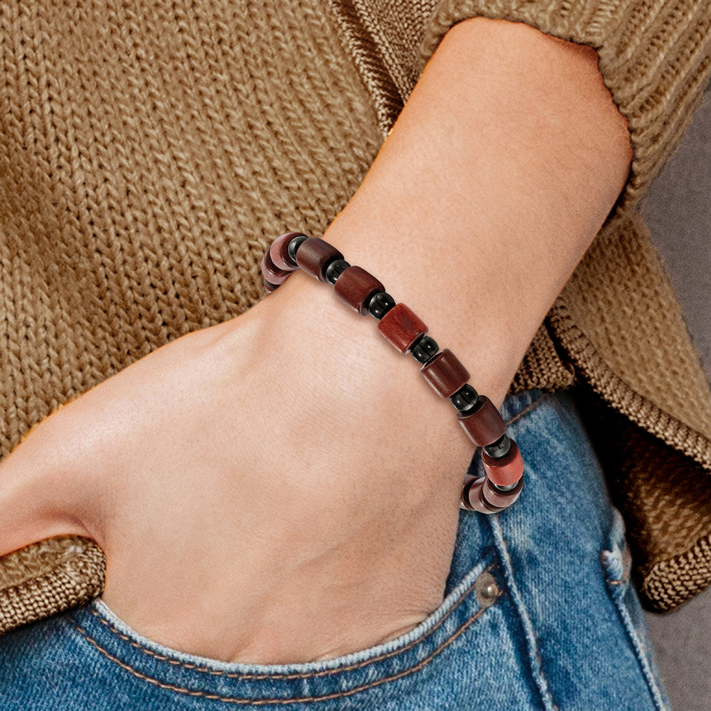 Stainless Steel Polished Black IP-plated Beads and Wood Beaded Stretch Bracelet for Men