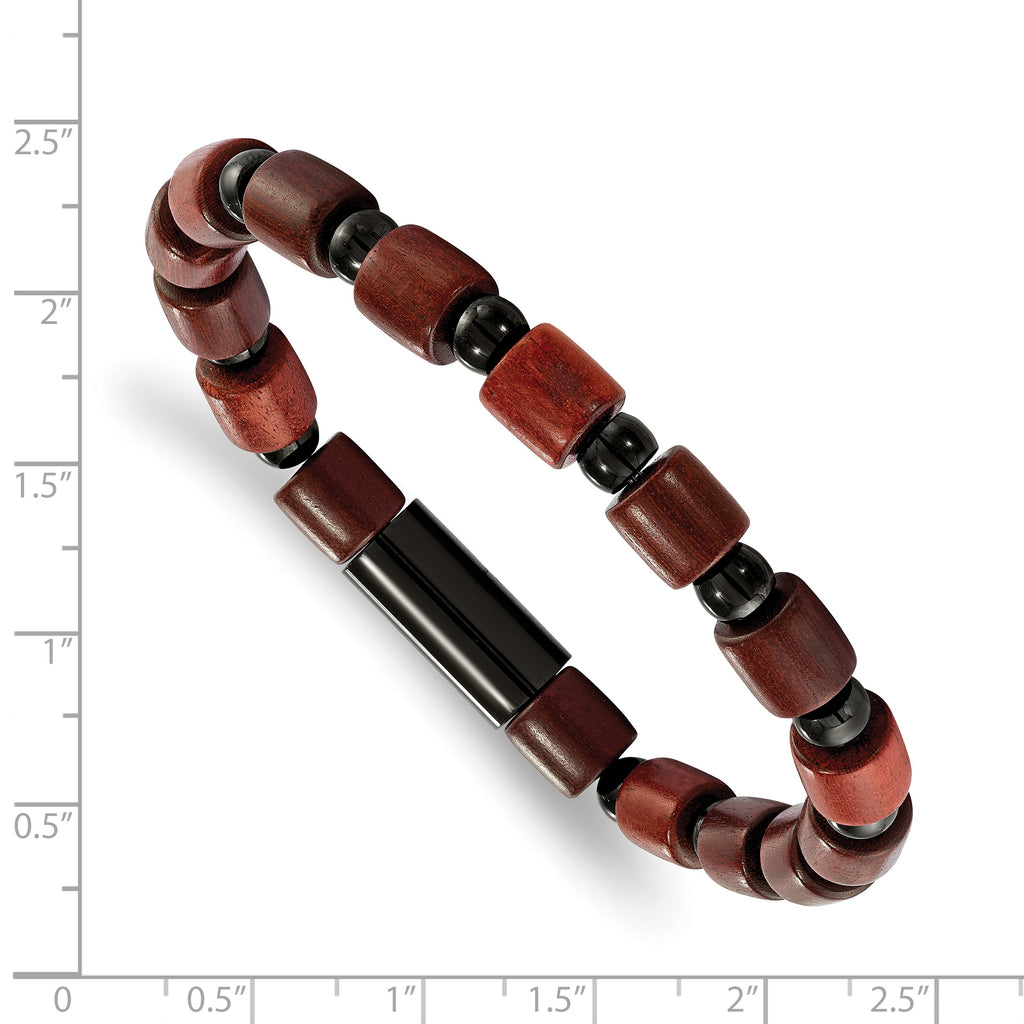 Stainless Steel Polished Black IP-plated Beads and Wood Beaded Stretch Bracelet for Men