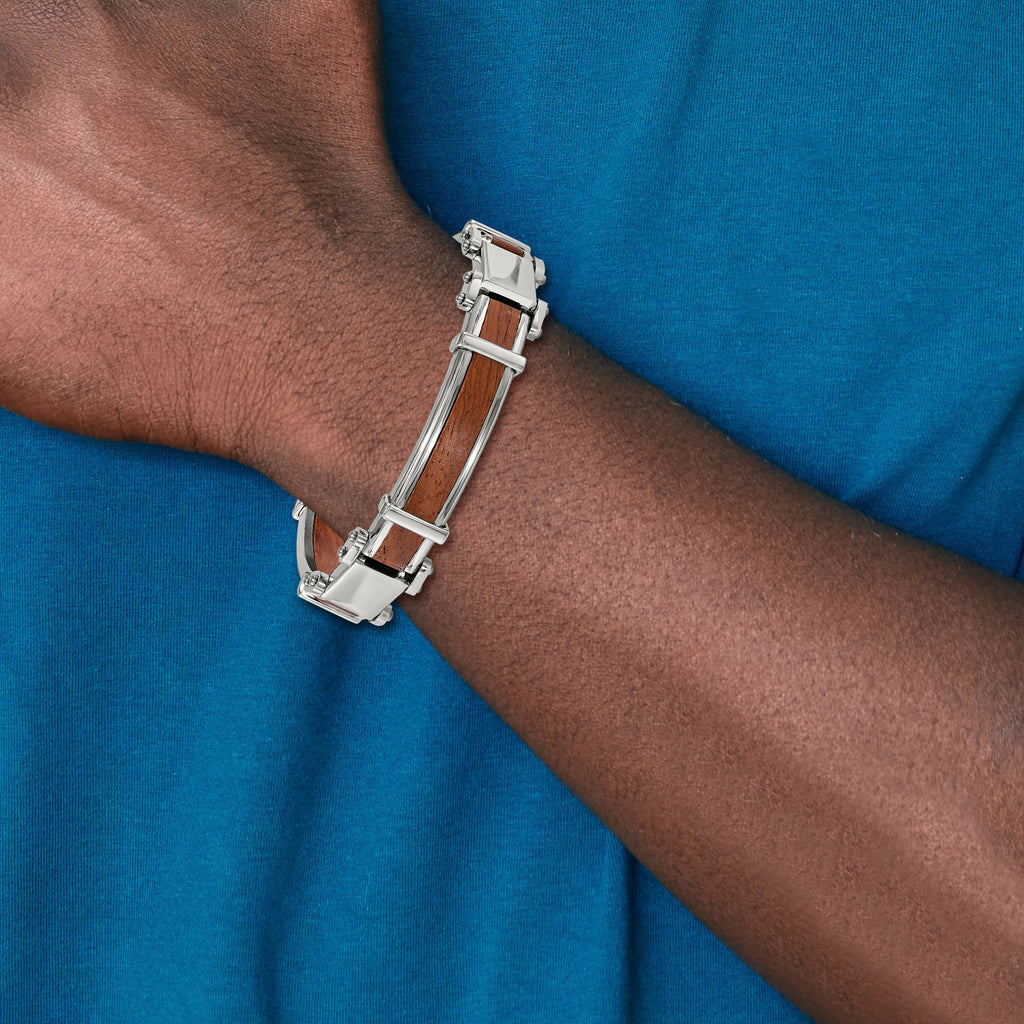 Stainless Steel Polished with Wood Inlay Link Bracelet for Men