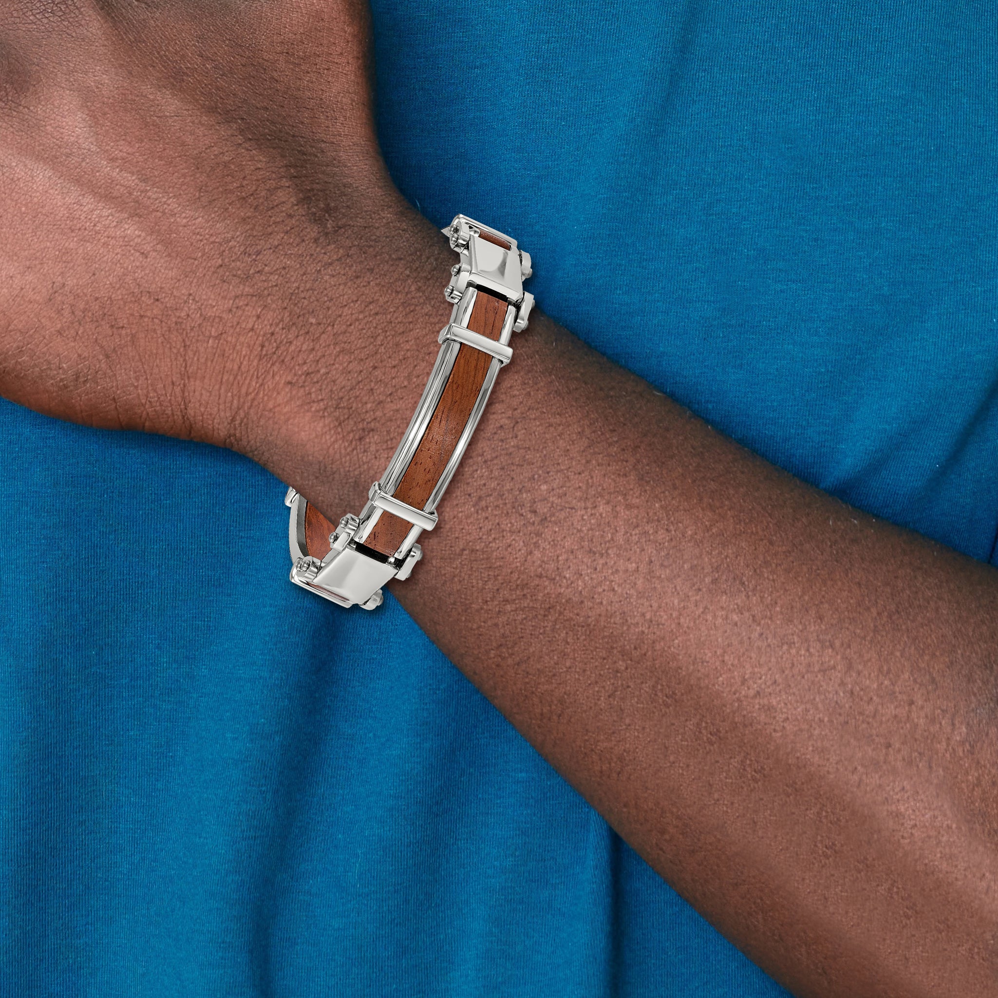 Stainless Steel Polished with Wood Inlay Link Bracelet for Men