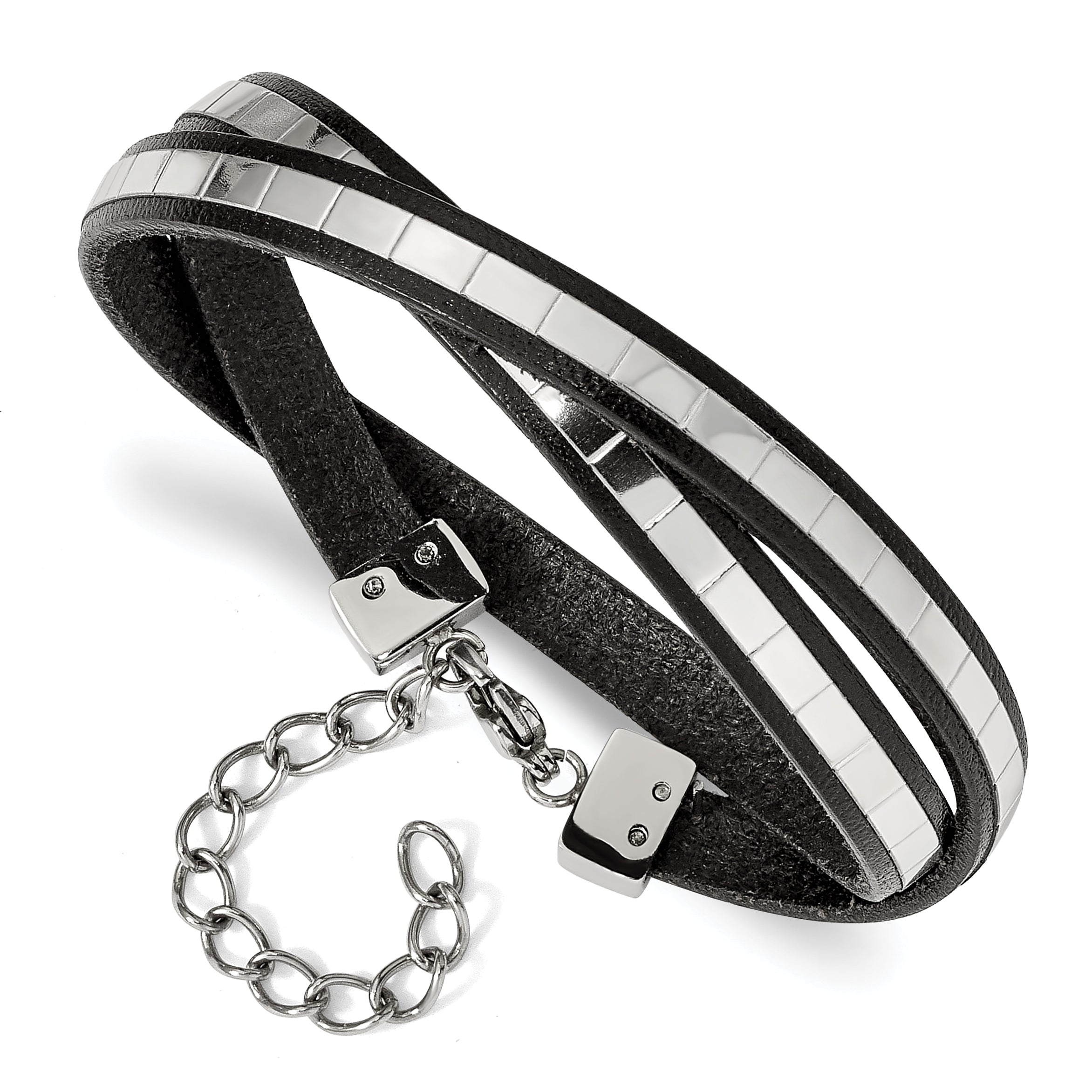 Stainless Steel Polished Italian Leather with ext Wrap Bracelet Main image