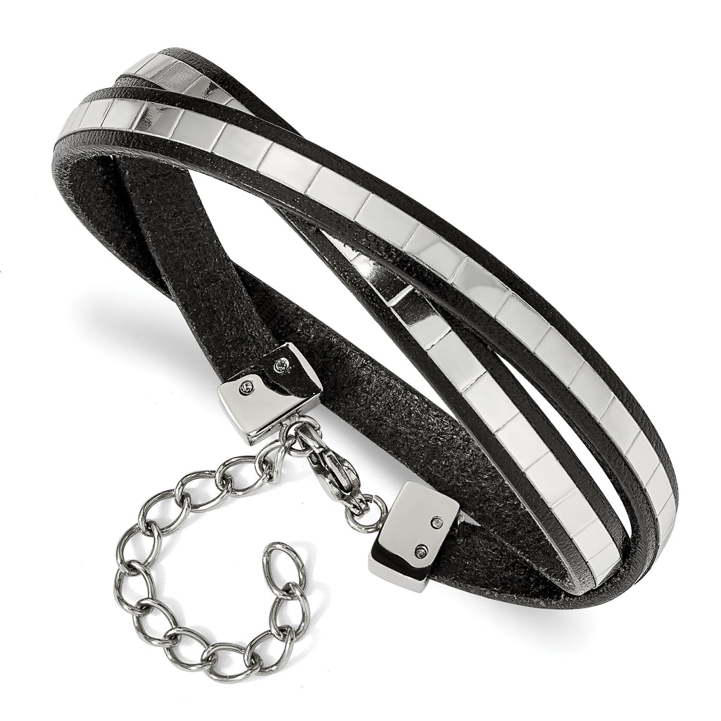 Stainless Steel Polished Italian Leather with ext Wrap Bracelet