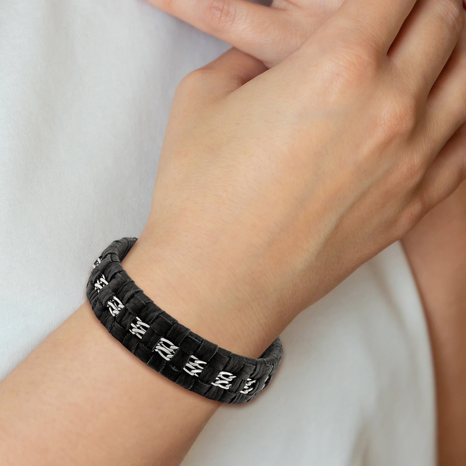 Stainless Steel Polished Black Woven Leather with . ext Bracelet for Men Secondary image