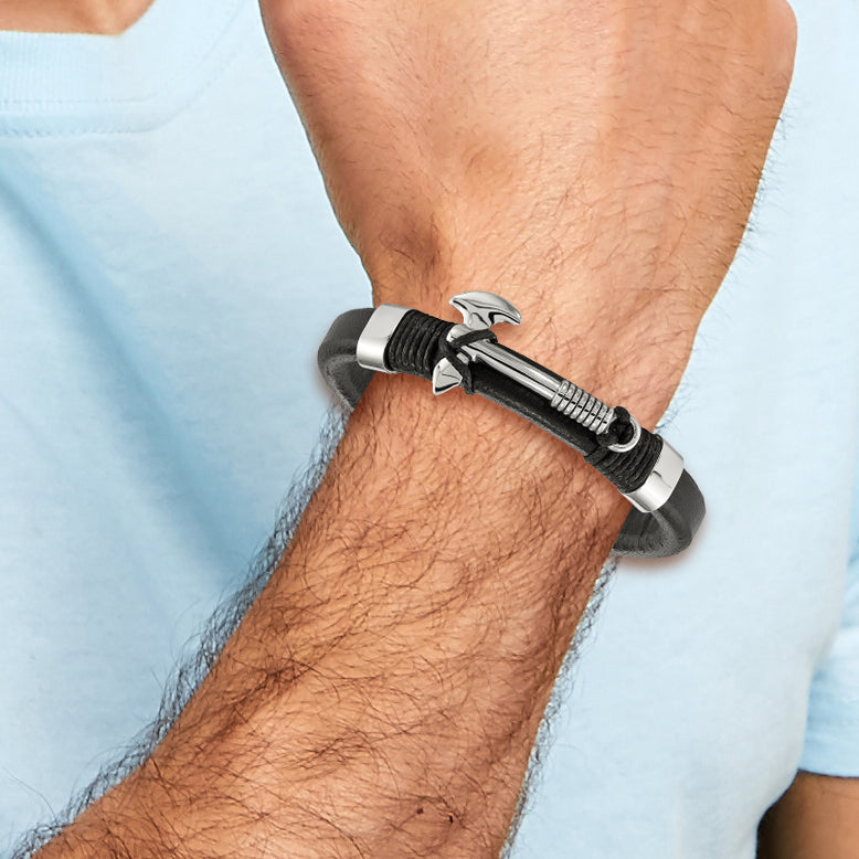 Stainless Steel Polished Hatchet Black Leather Bracelet for Men