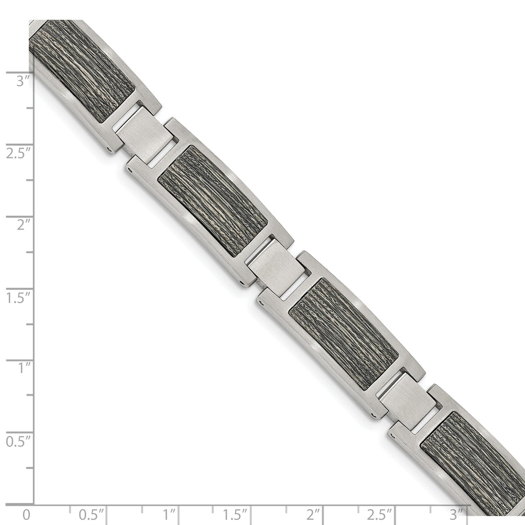 Stainless Steel Brushed with Grey Wood Inlay Link Bracelet for Men