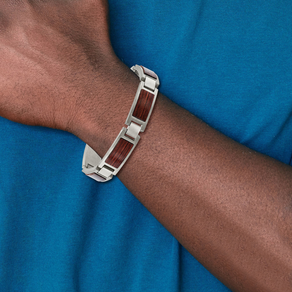 Stainless Steel Brushed with Wood Inlay Link Bracelet for Men