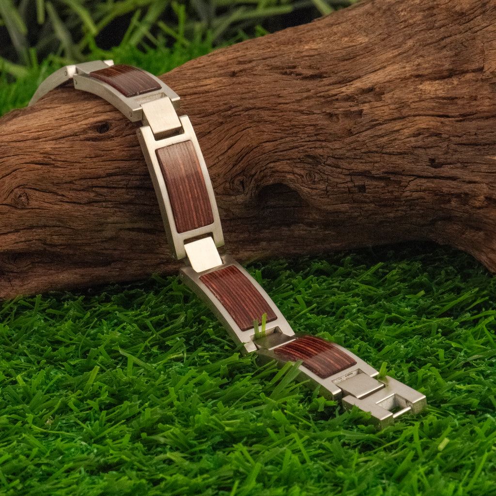 Stainless Steel Brushed with Wood Inlay Link Bracelet for Men