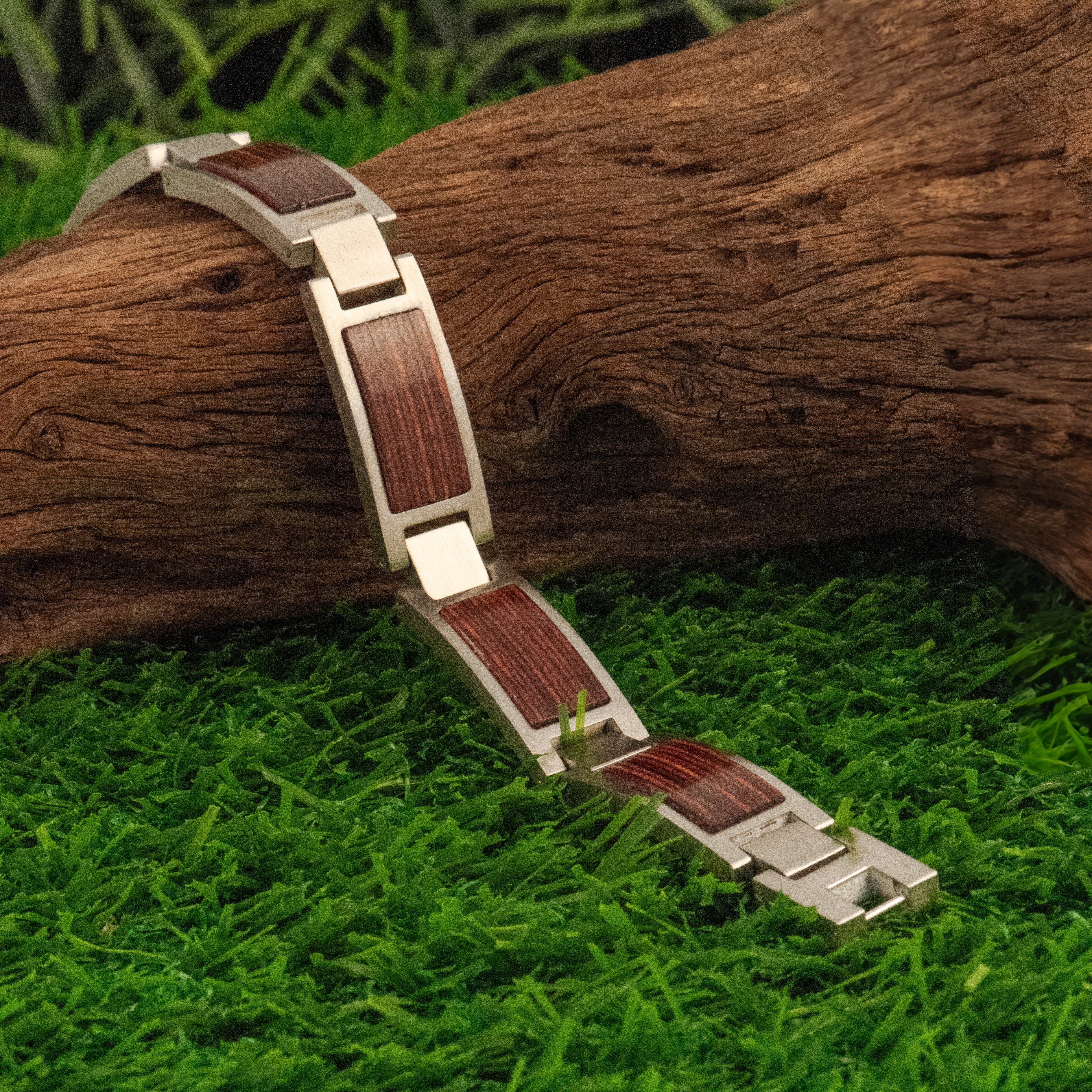Stainless Steel Brushed with Wood Inlay Link Bracelet for Men