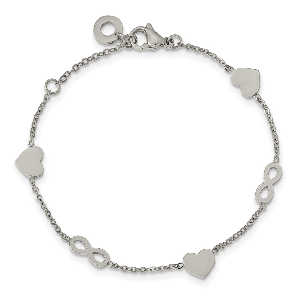 Stainless Steel Polished Heart and Infinity Bracelet with Extension for Women