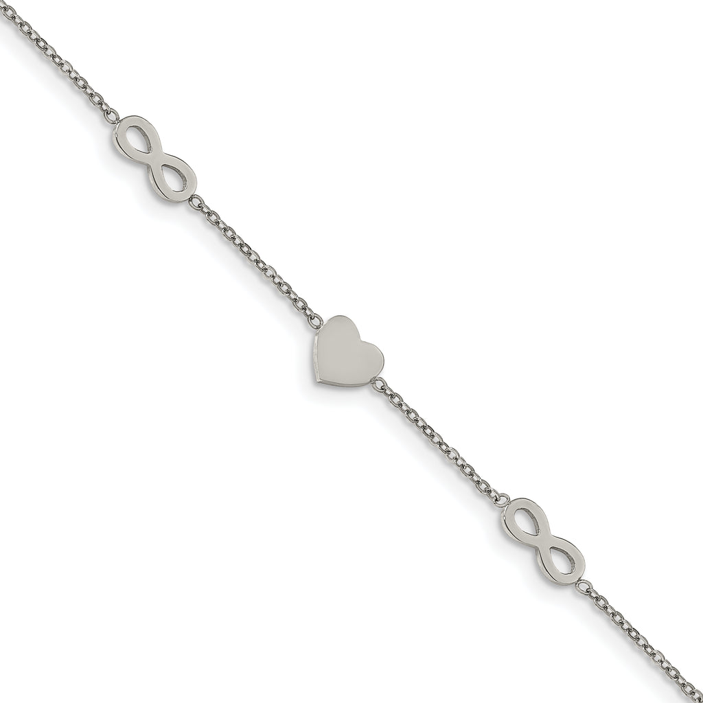 Stainless Steel Polished Heart and Infinity Bracelet with Extension for Women