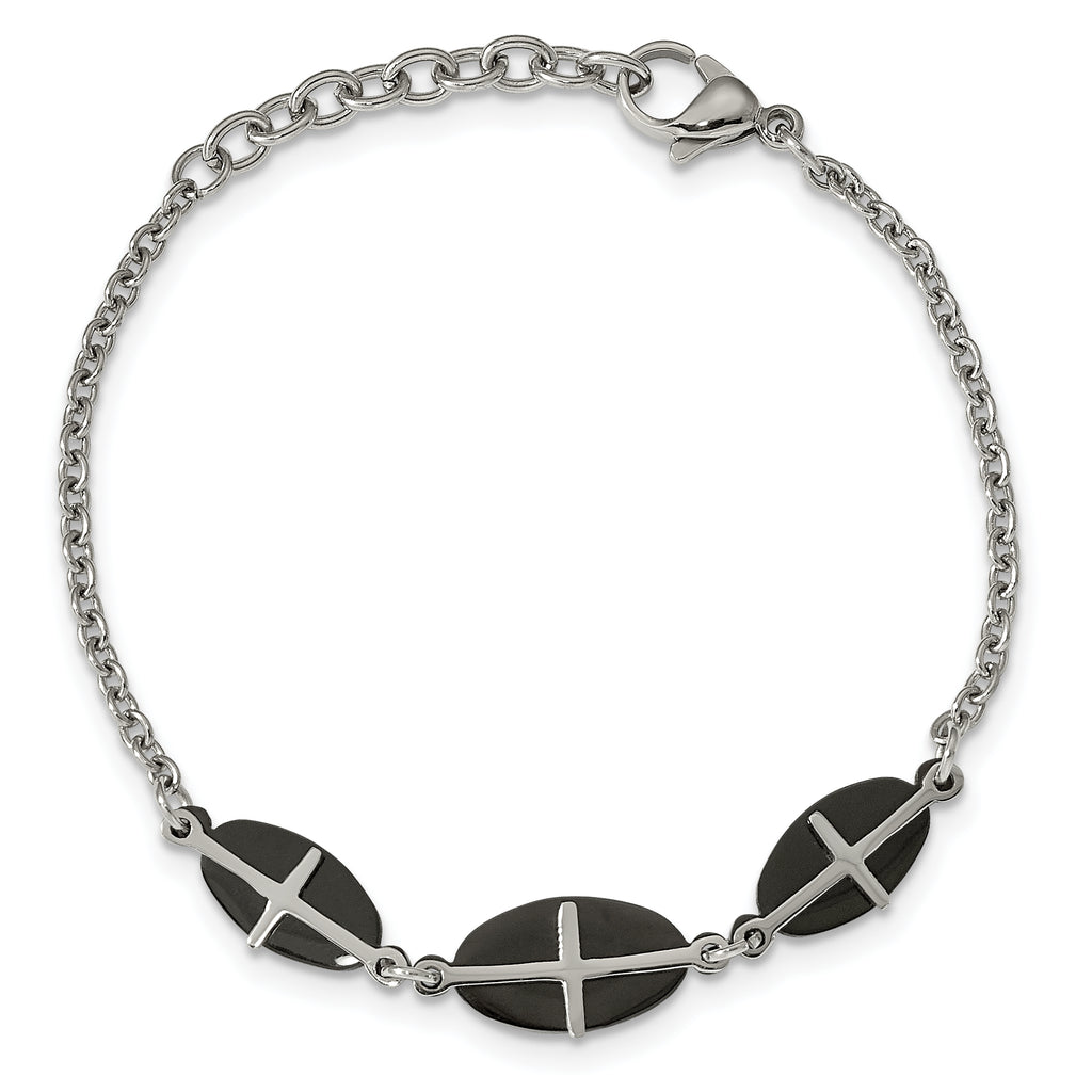 Stainless Steel Polished Black IP-plated with ext. Cross Bracelet for Women