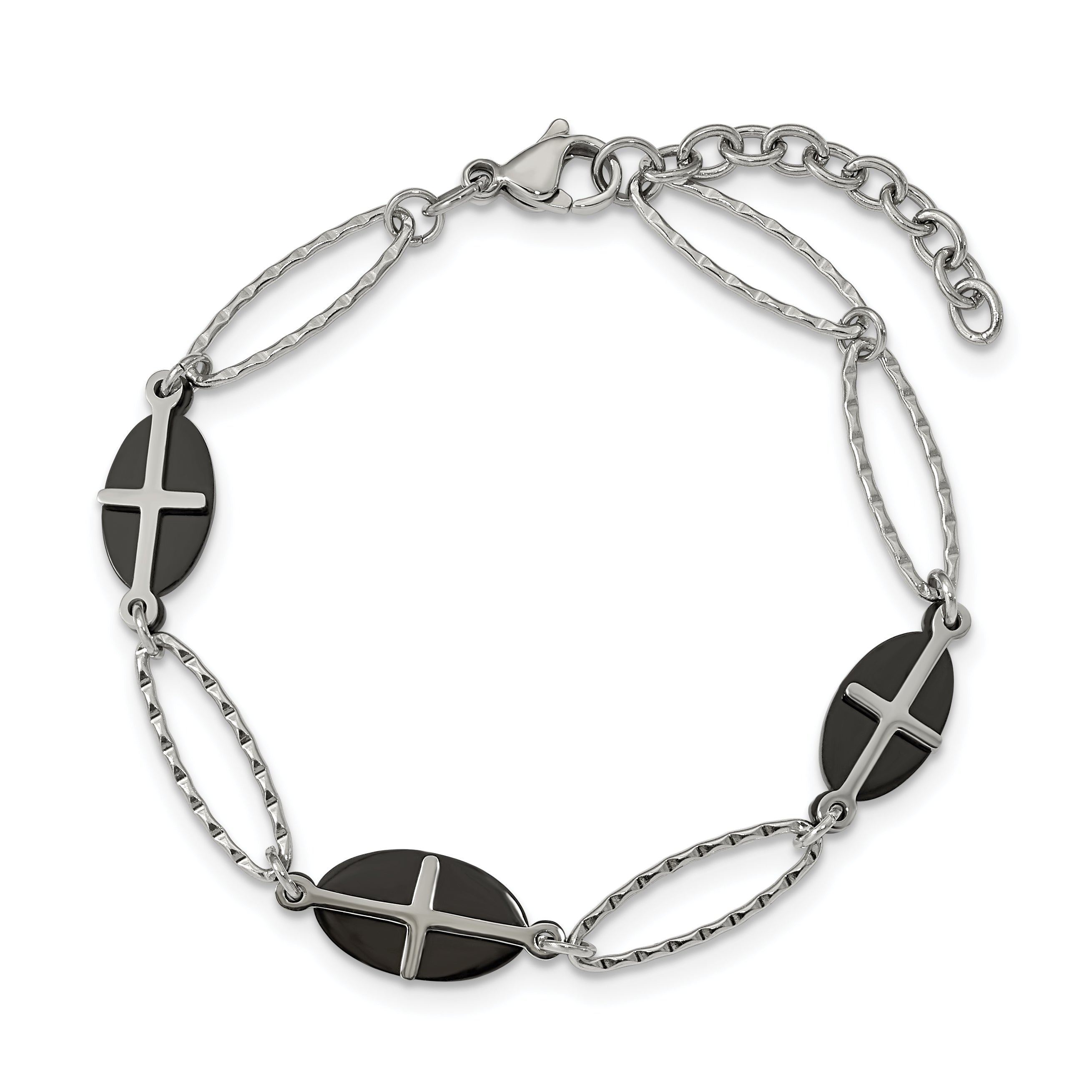 Stainless Steel Polished Black IP-plated with ext. Cross Bracelet for Women