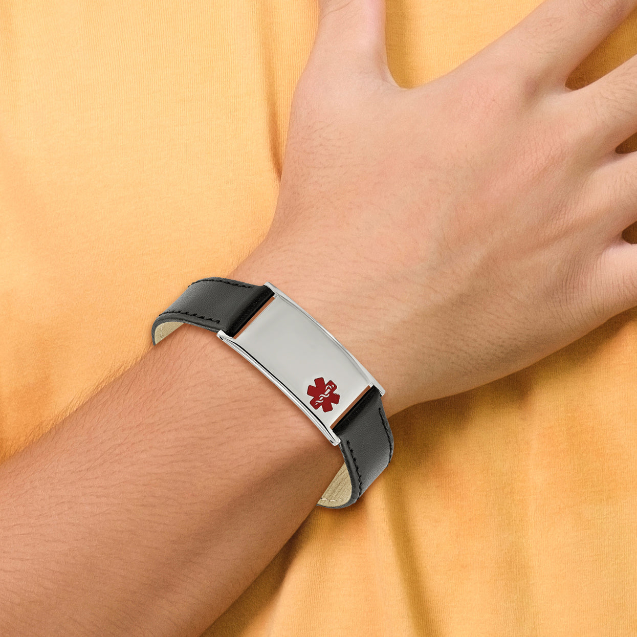 Stainless Steel Polished with Red Enamel Medical ID Black Leather Adjustable 6.5 to Bracelet