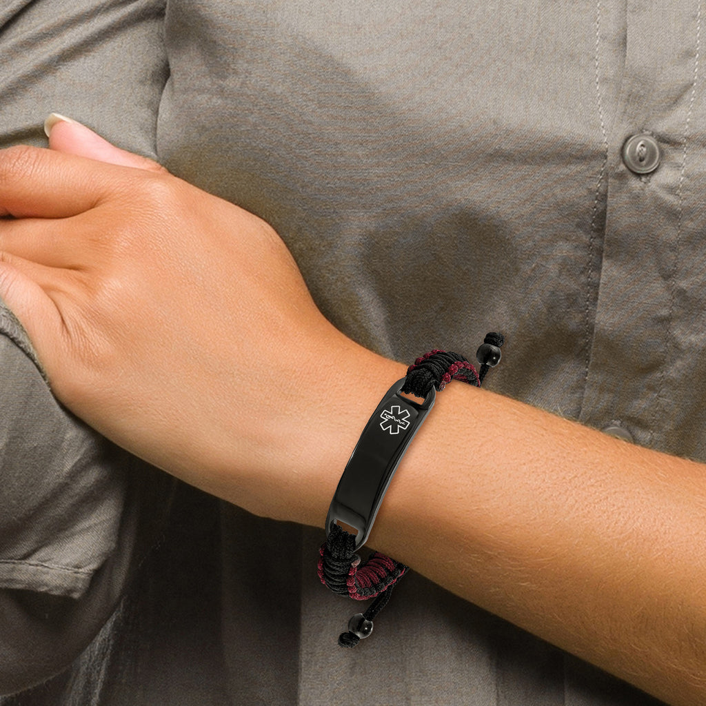 Stainless Steel Polished Black IP-plated with White Enamel Black and Red Nylon Adjustable Medical ID Bracelet