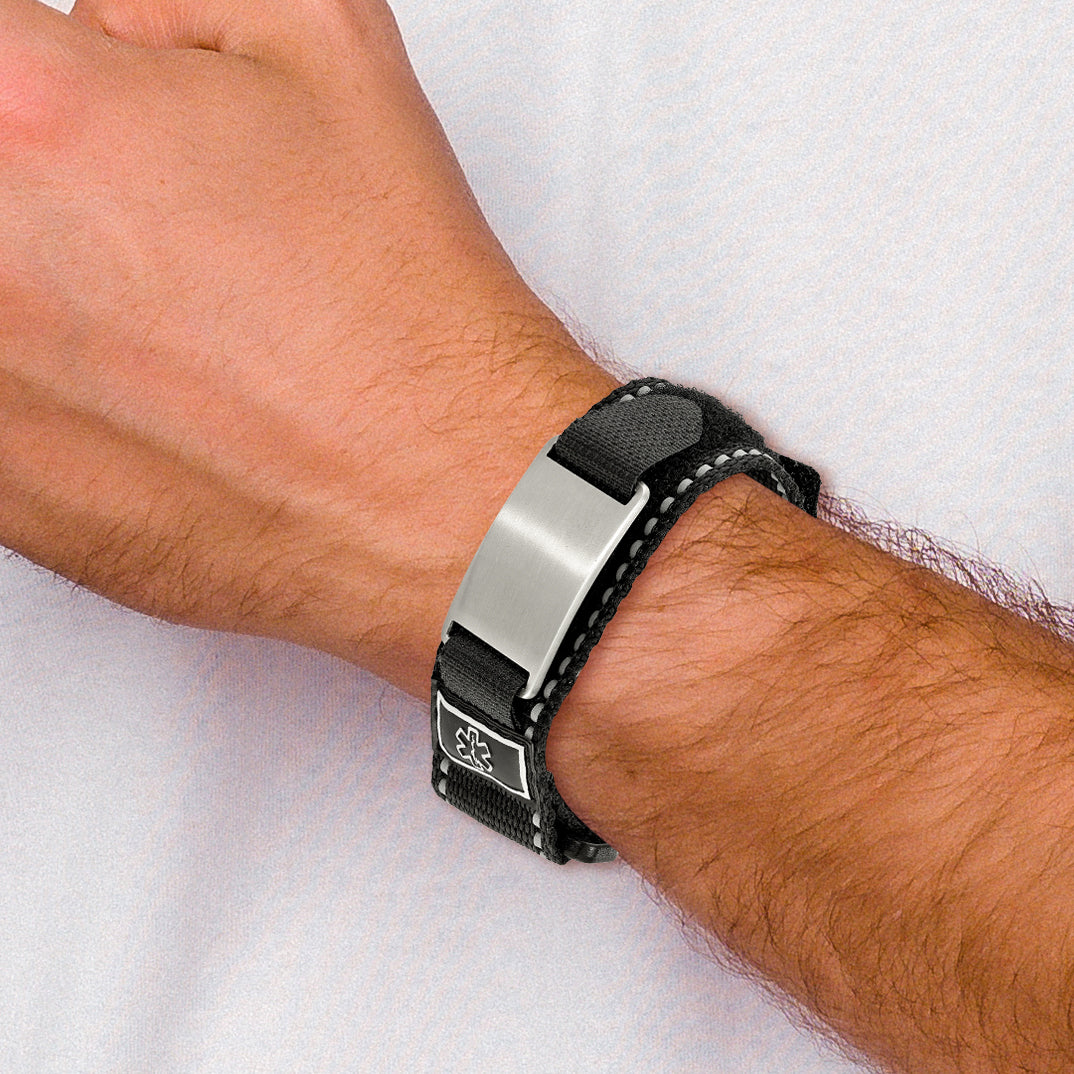 Stainless Steel Brushed Black Nylon with Adjustable Velcro Close Medical ID Bracelet for Men