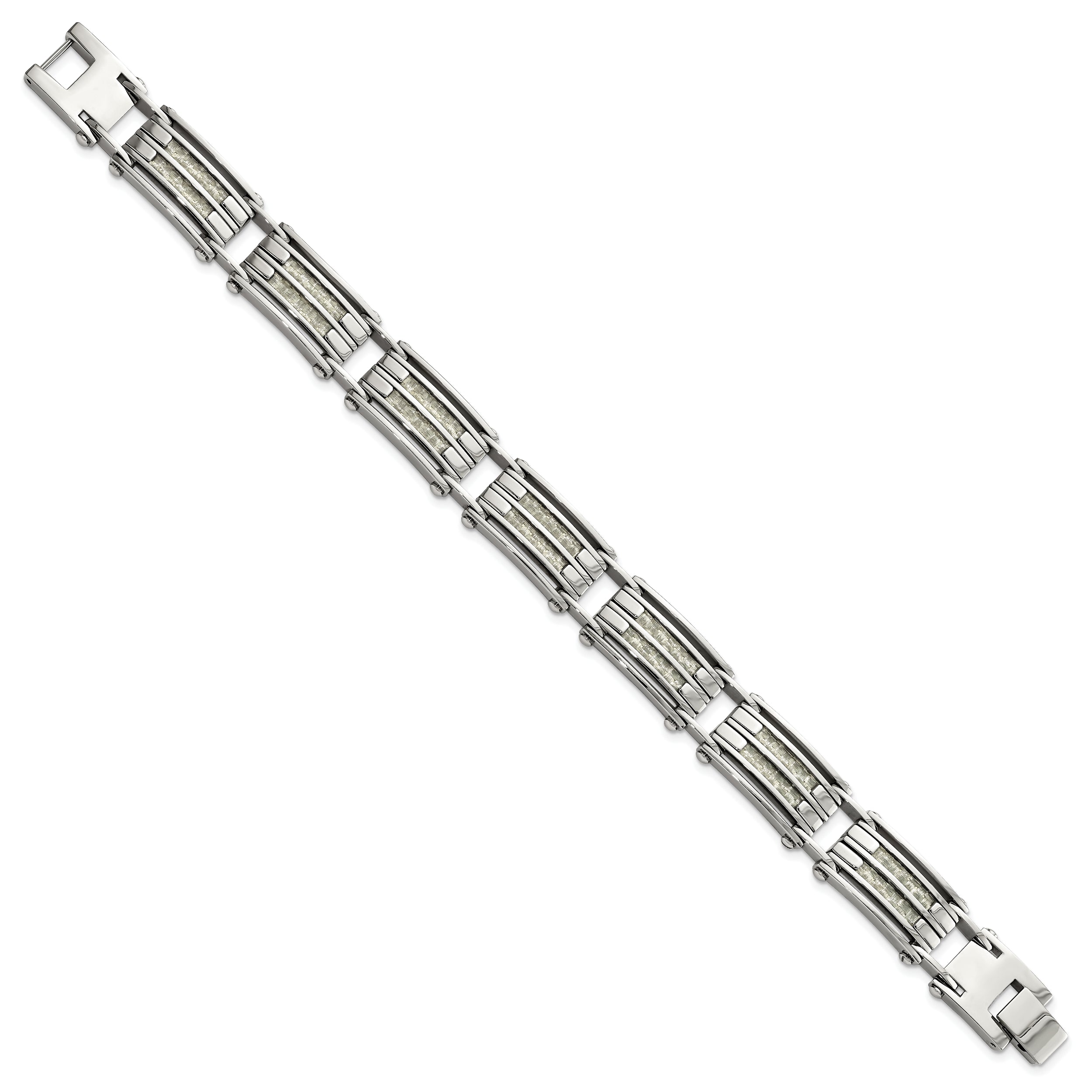 Chisel Stainless Steel Polished with Grey Carbon Fiber Inlay 8.25 inch Link Bracelet
