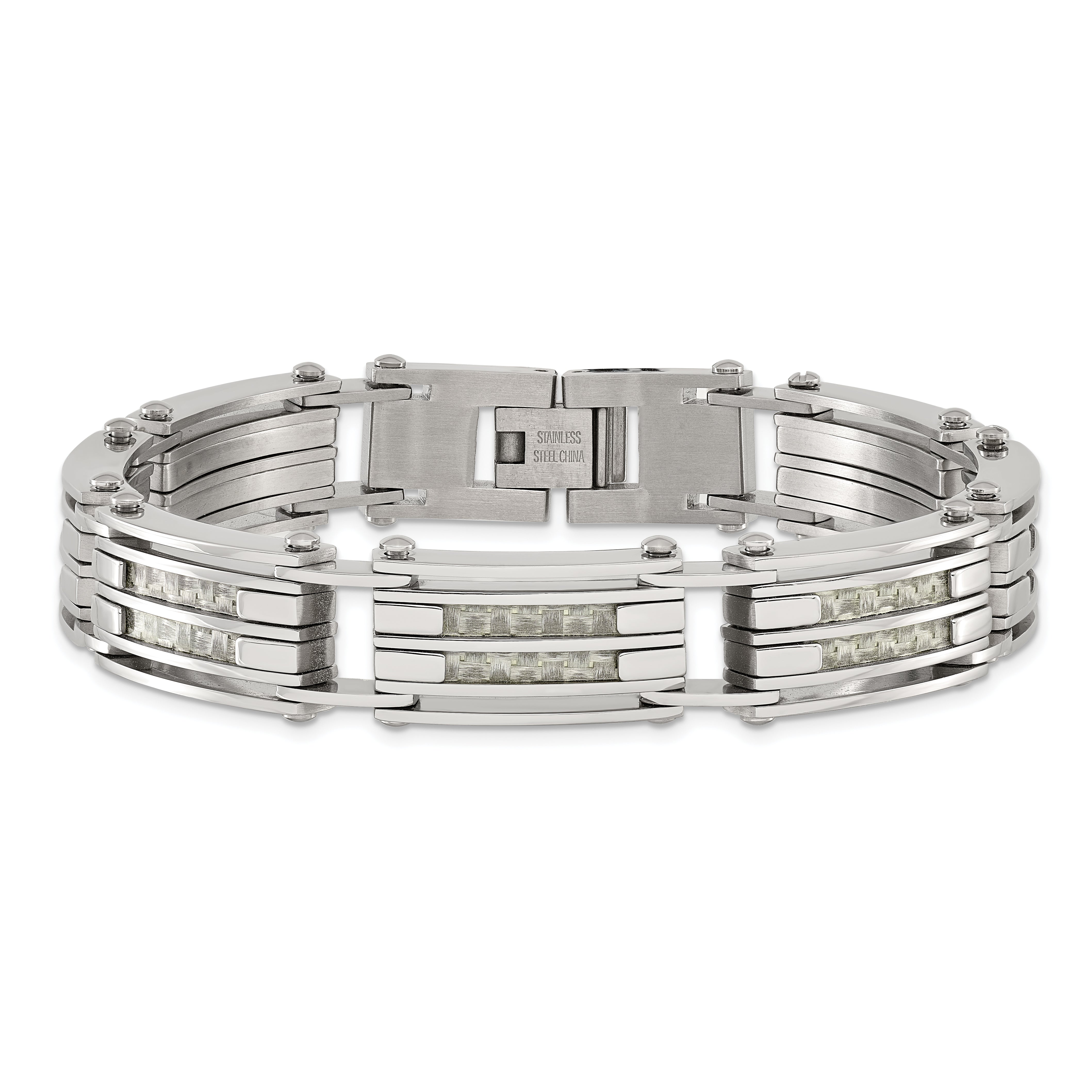 Chisel Stainless Steel Polished with Grey Carbon Fiber Inlay 8.25 inch Link Bracelet