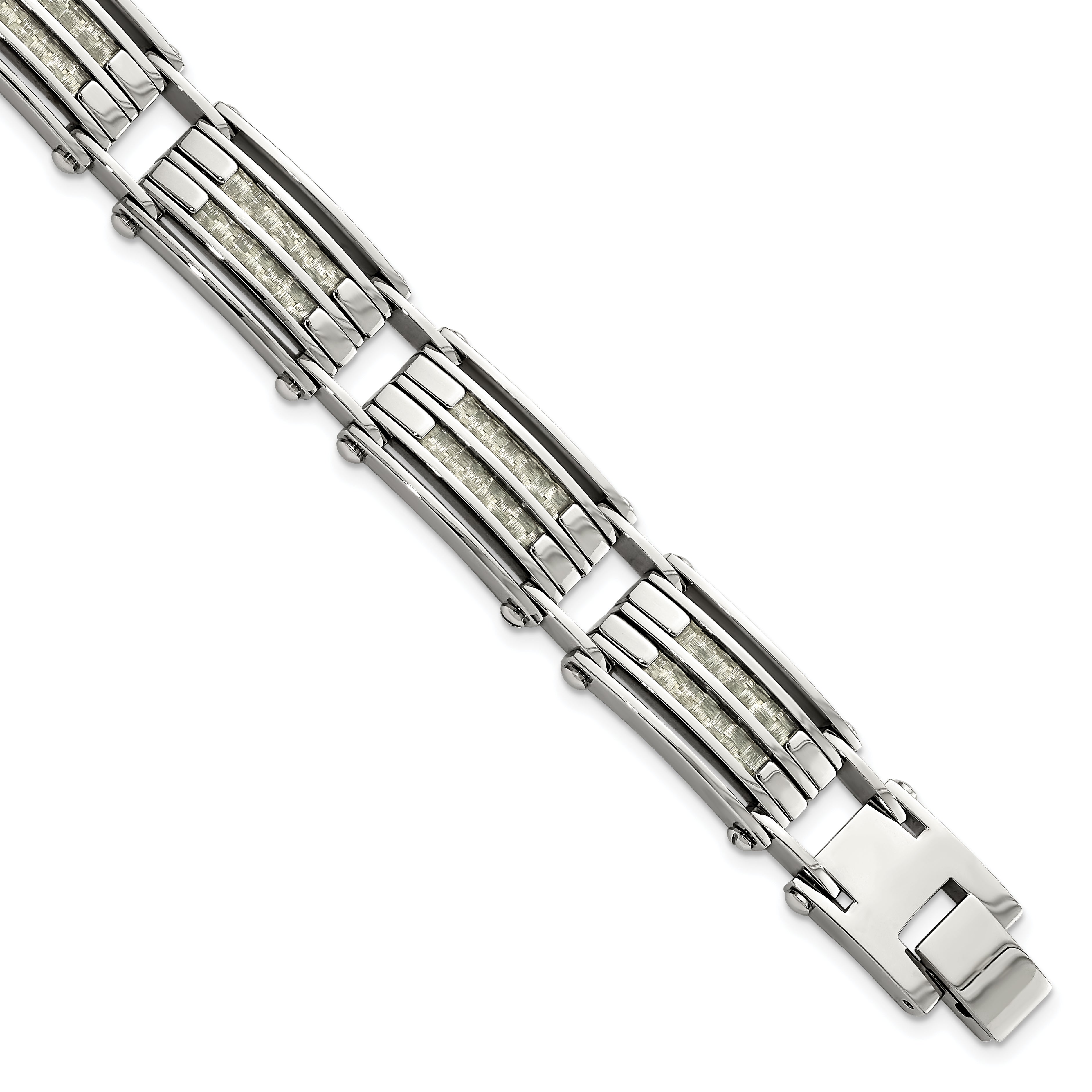 Chisel Stainless Steel Polished with Grey Carbon Fiber Inlay 8.25 inch Link Bracelet