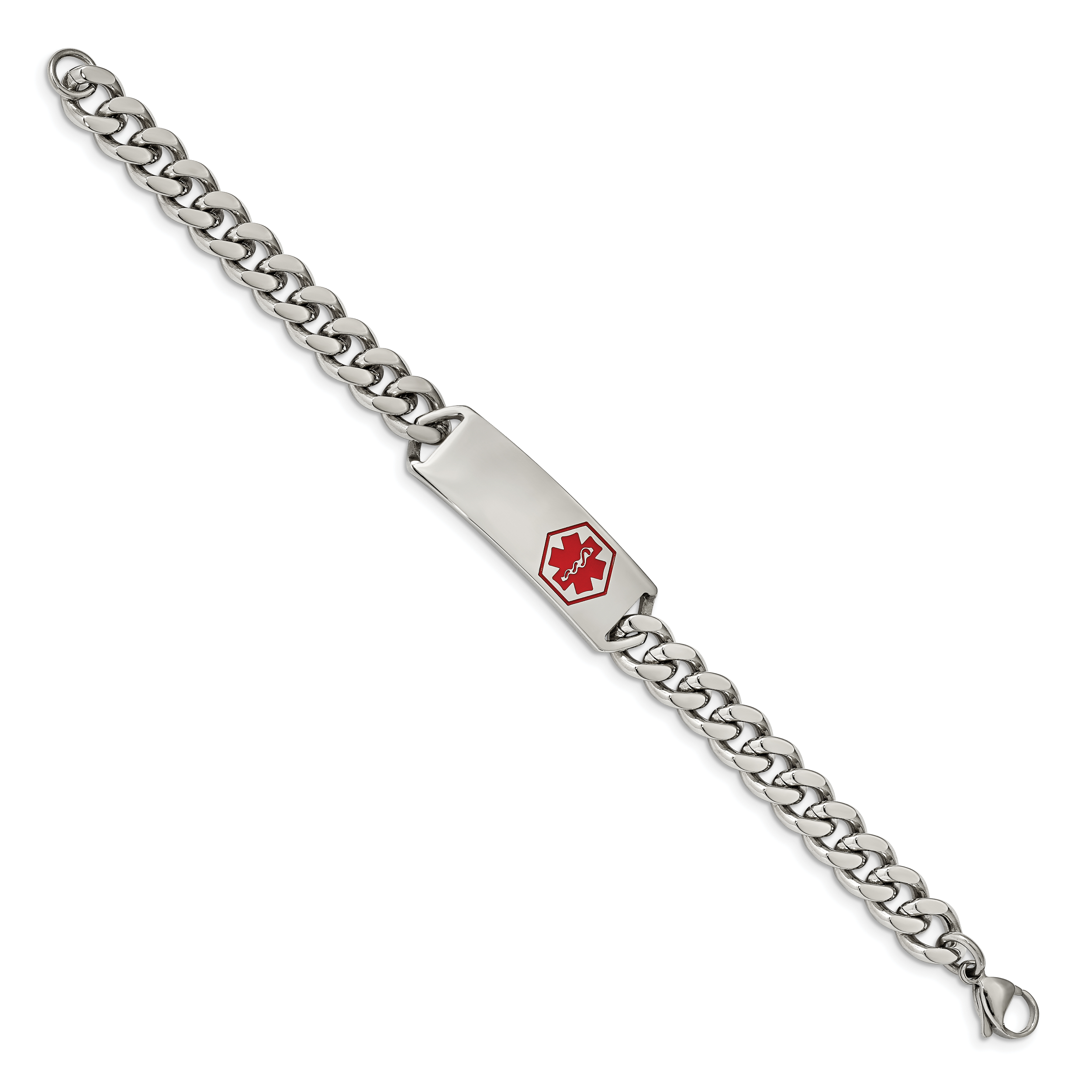 Stainless Steel Polished with Red Enamel Medical ID Curb Chain Bracelet for Men