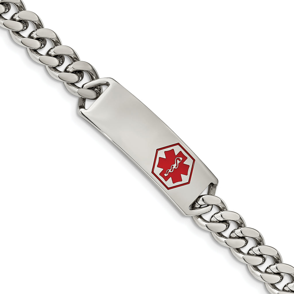 Stainless Steel Polished with Red Enamel Medical ID Curb Chain Bracelet for Men