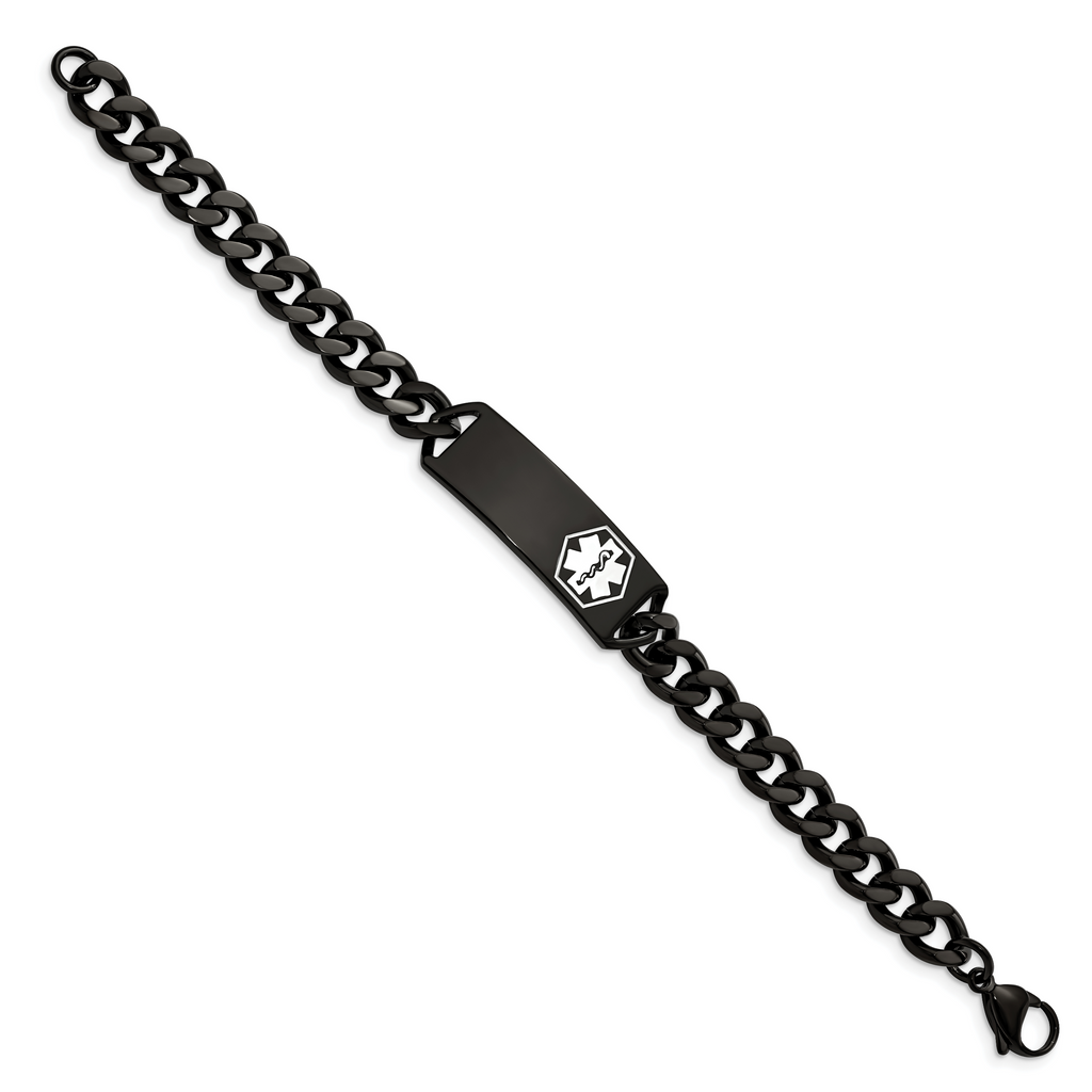 Stainless Steel Polished Black IP-plated with White Enamel Medical ID Curb Chain Bracelet for Men