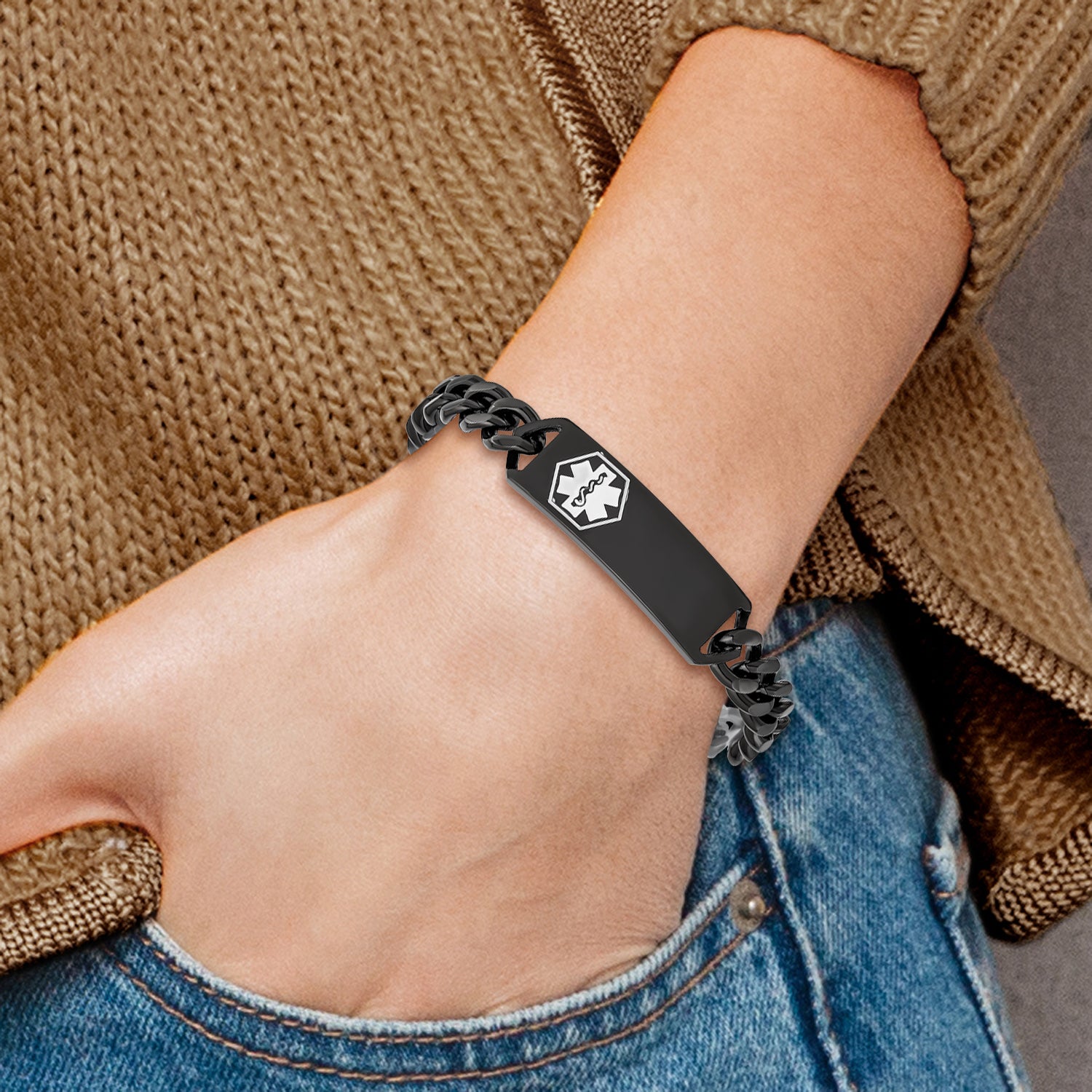 Stainless Steel Polished Black IP-plated with White Enamel Medical ID Curb Chain Bracelet for Men