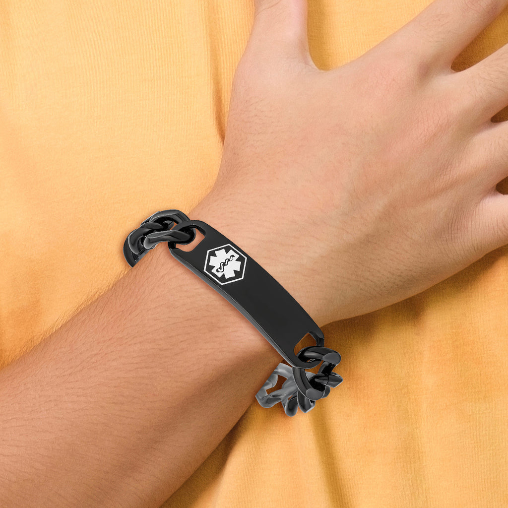 Stainless Steel Polished Black IP-plated with White Enamel Medical ID Curb Chain Bracelet for Men