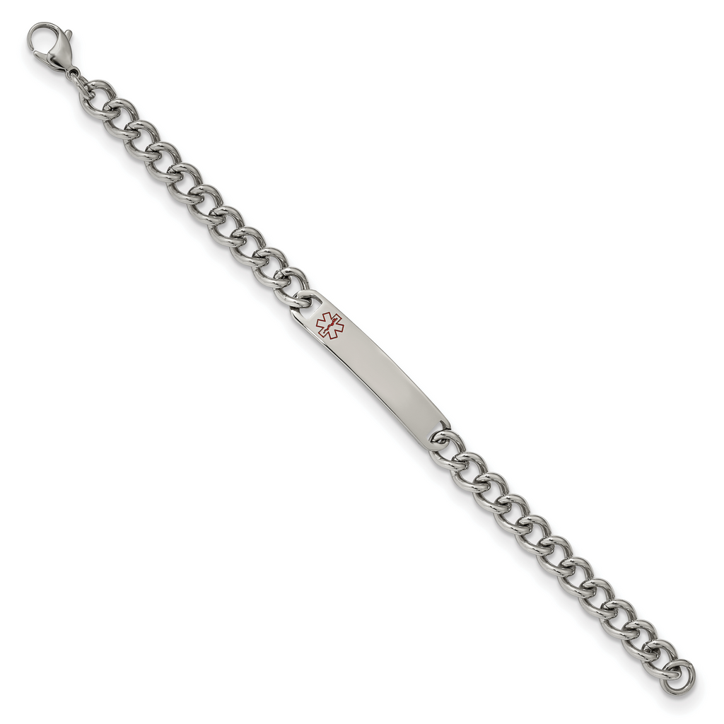Stainless Steel Polished with Red Enamel Medical ID Curb Chain Bracelet for Men