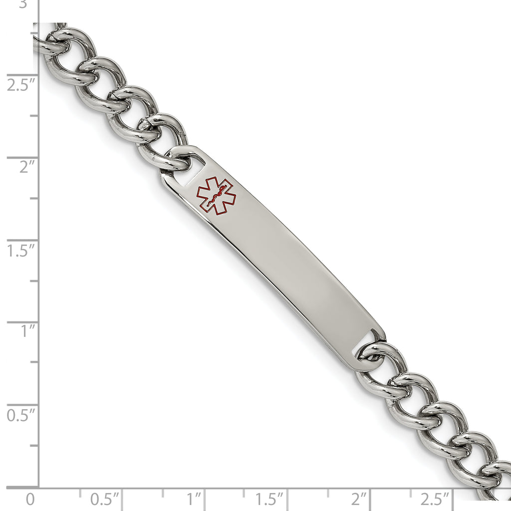 Stainless Steel Polished with Red Enamel Medical ID Curb Chain Bracelet for Men