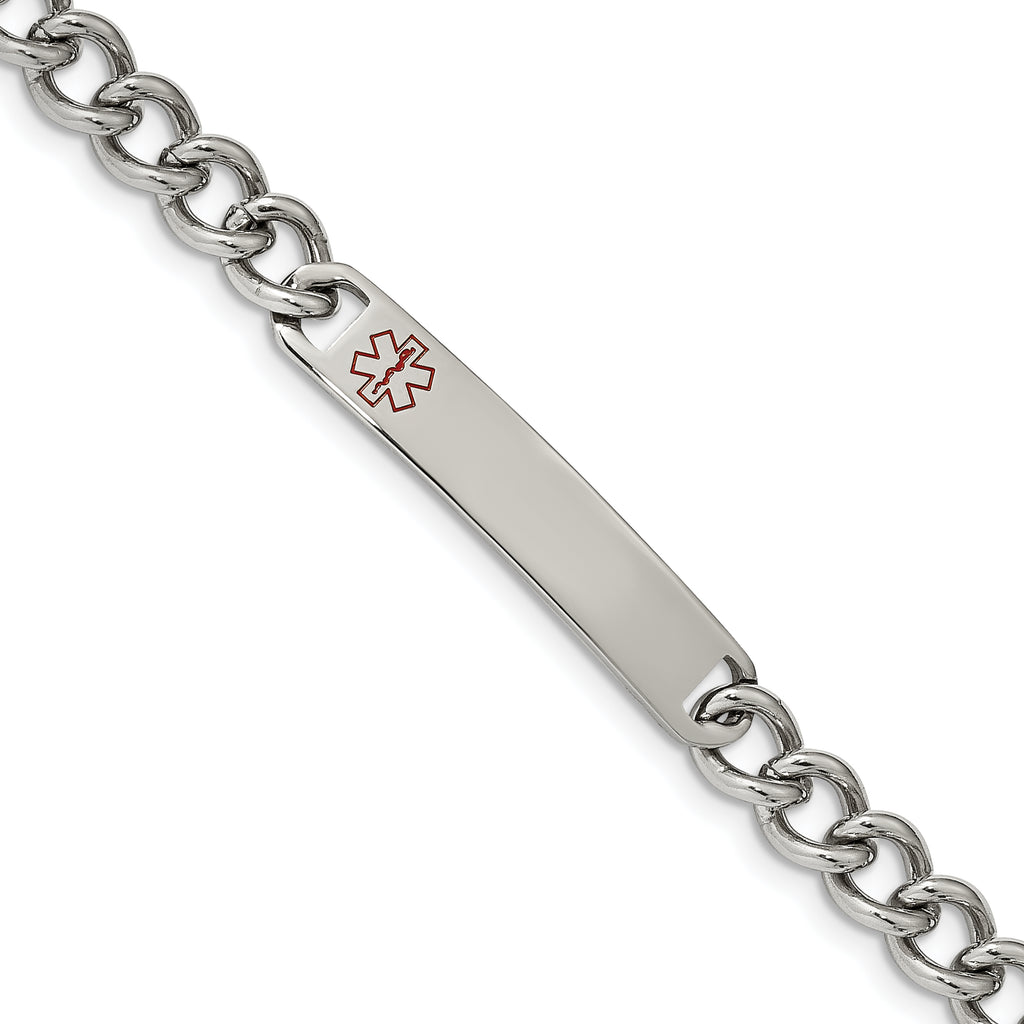 Stainless Steel Polished with Red Enamel Medical ID Curb Chain Bracelet for Men