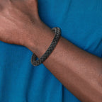 Stainless Steel Brushed Black Braided Leather Bracelet for Men