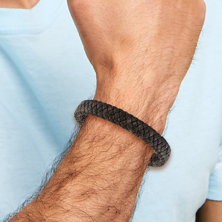 Stainless Steel Antiqued and Brushed Brown Braided Leather Bracelet for Men